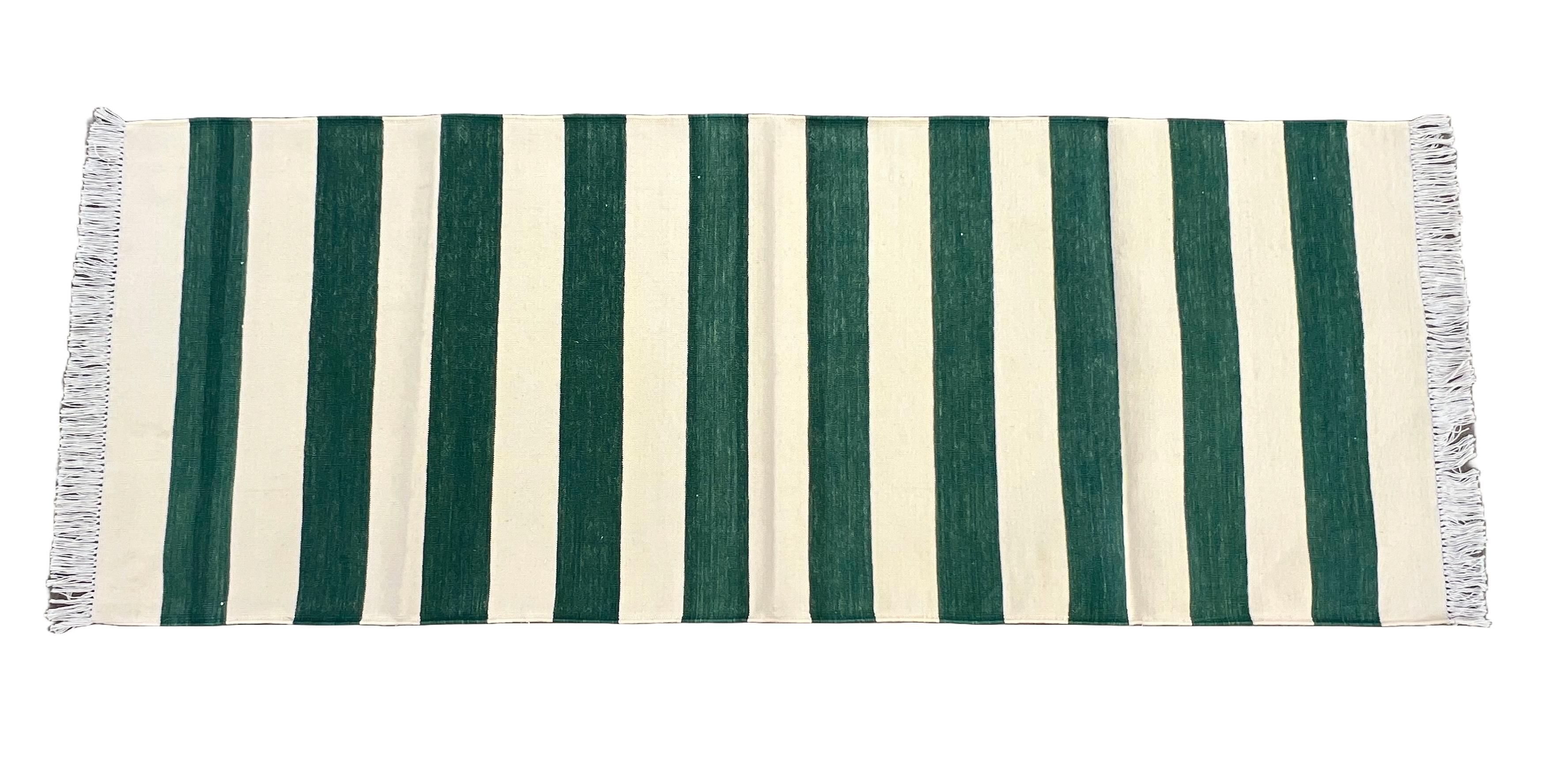 Cotton Natural Vegetable Dyed, Forest Green And Cream Indian Striped Dhurrie Runner-2'x5.5' (60x168cm)
These special flat-weave dhurries are hand-woven with 15 ply 100% cotton yarn. Due to the special manufacturing techniques used to create our