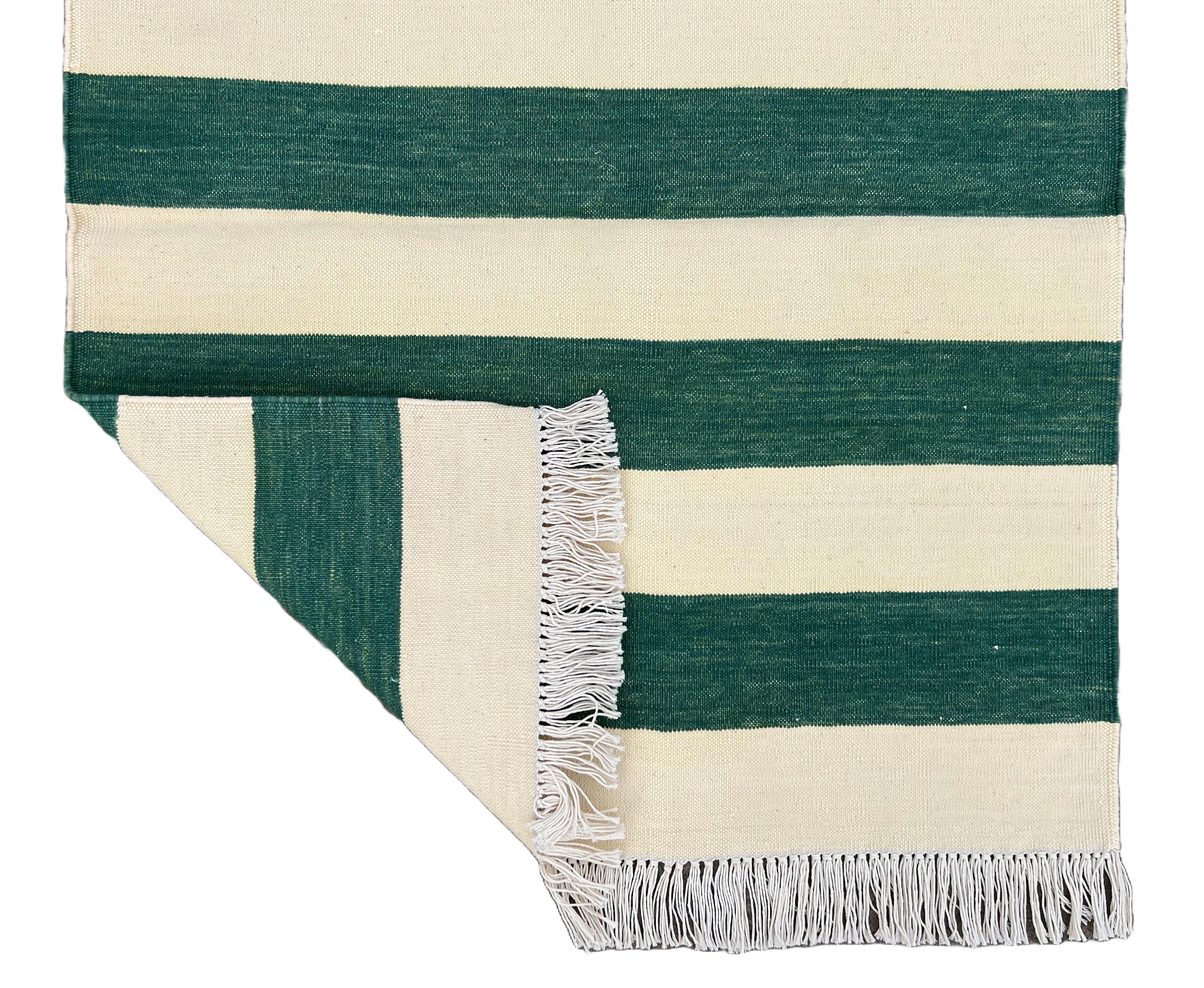 Mid-Century Modern Handmade Cotton Flat Weave Runner, 2x5.5 Feet Green, Cream Indian Striped Runner