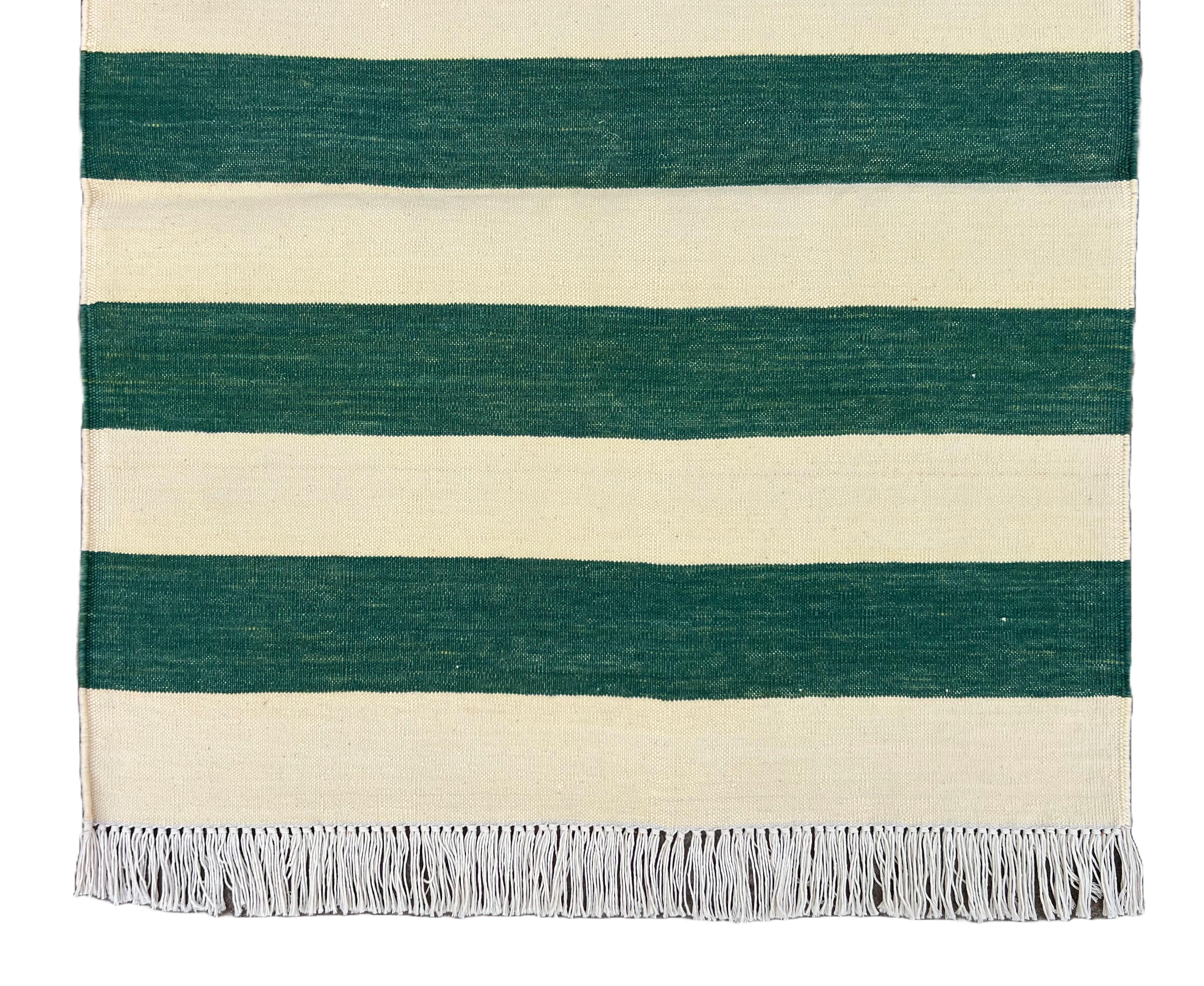 Hand-Woven Handmade Cotton Flat Weave Runner, 2x5.5 Feet Green, Cream Indian Striped Runner