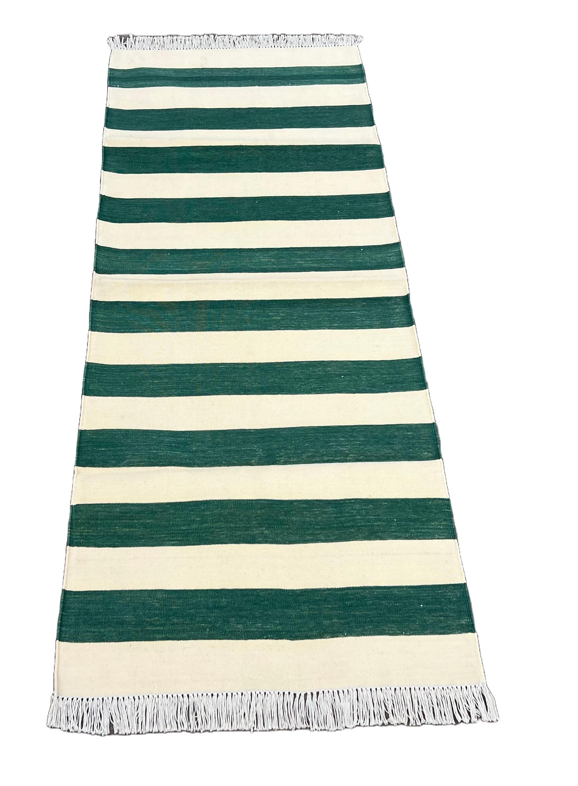 Contemporary Handmade Cotton Flat Weave Runner, 2x5.5 Feet Green, Cream Indian Striped Runner
