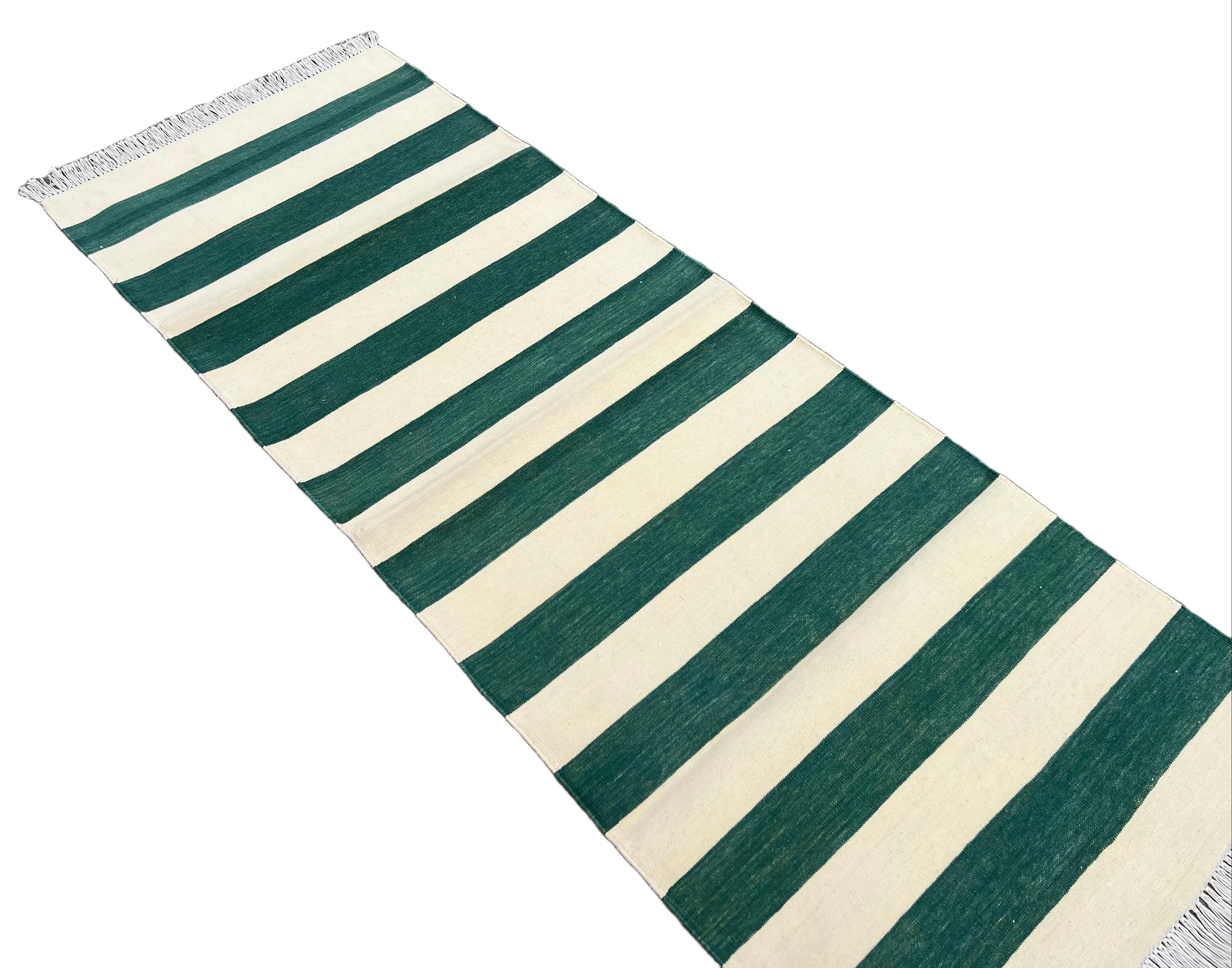 Handmade Cotton Flat Weave Runner, 2x5.5 Feet Green, Cream Indian Striped Runner 1