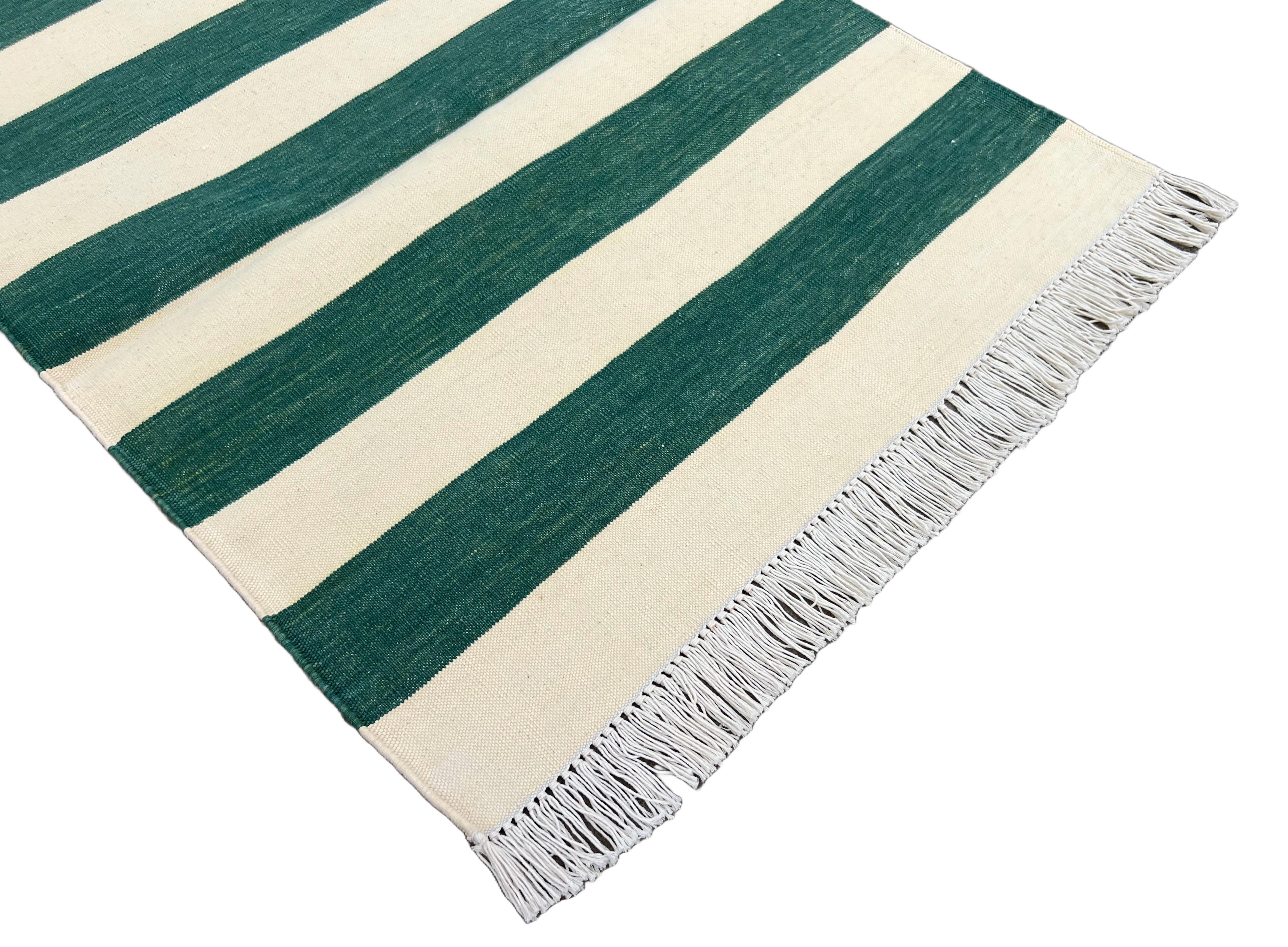 Handmade Cotton Flat Weave Runner, 2x5.5 Feet Green, Cream Indian Striped Runner 2