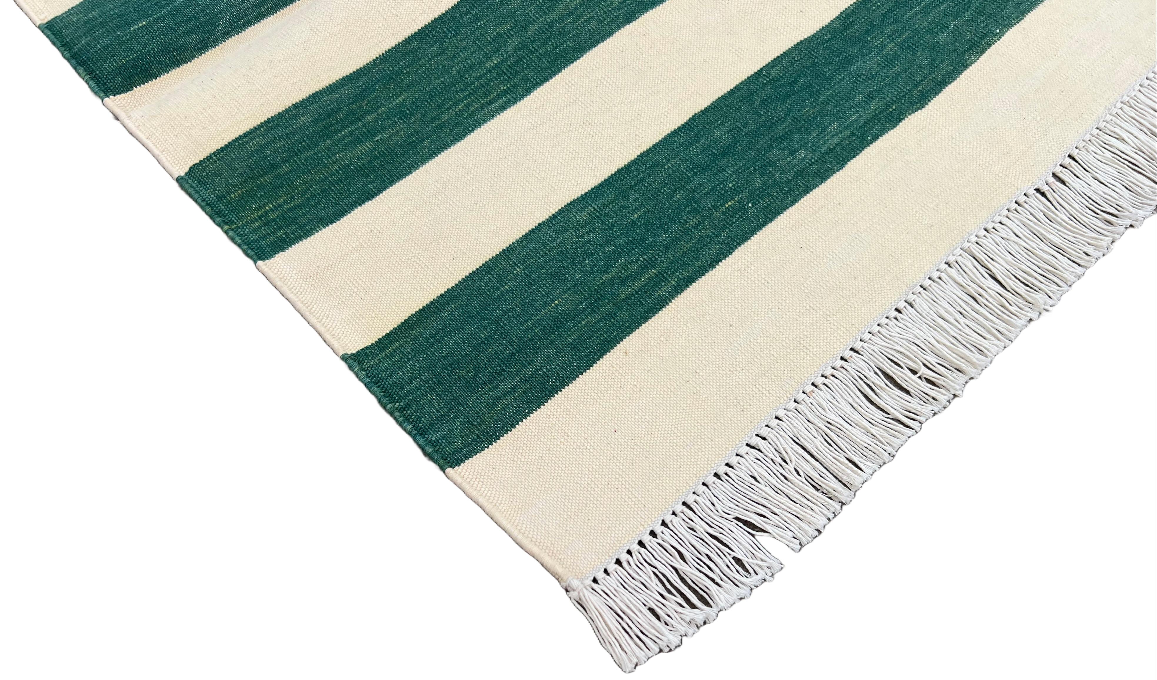 Handmade Cotton Flat Weave Runner, 2x5.5 Feet Green, Cream Indian Striped Runner 3