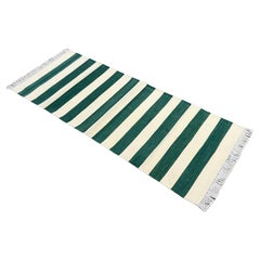 Handmade Cotton Flat Weave Runner, 2x5.5 Feet Green, Cream Indian Striped Runner