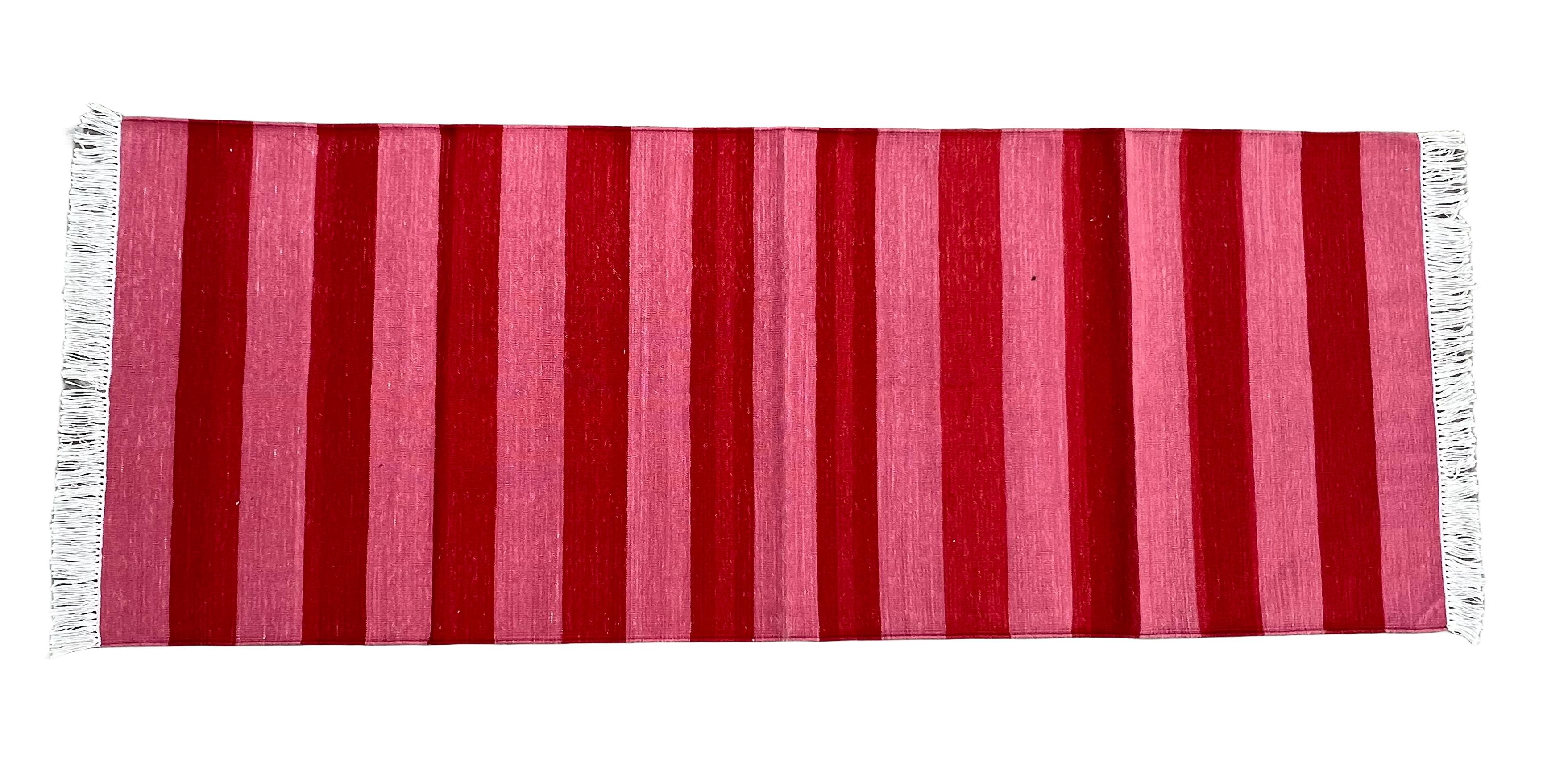 Cotton Natural Vegetable Dyed, Raspberry Pink And Red Indian Dhurrie Runner-2'x5.5' (60x168cm)
These special flat-weave dhurries are hand-woven with 15 ply 100% cotton yarn. Due to the special manufacturing techniques used to create our rugs, the