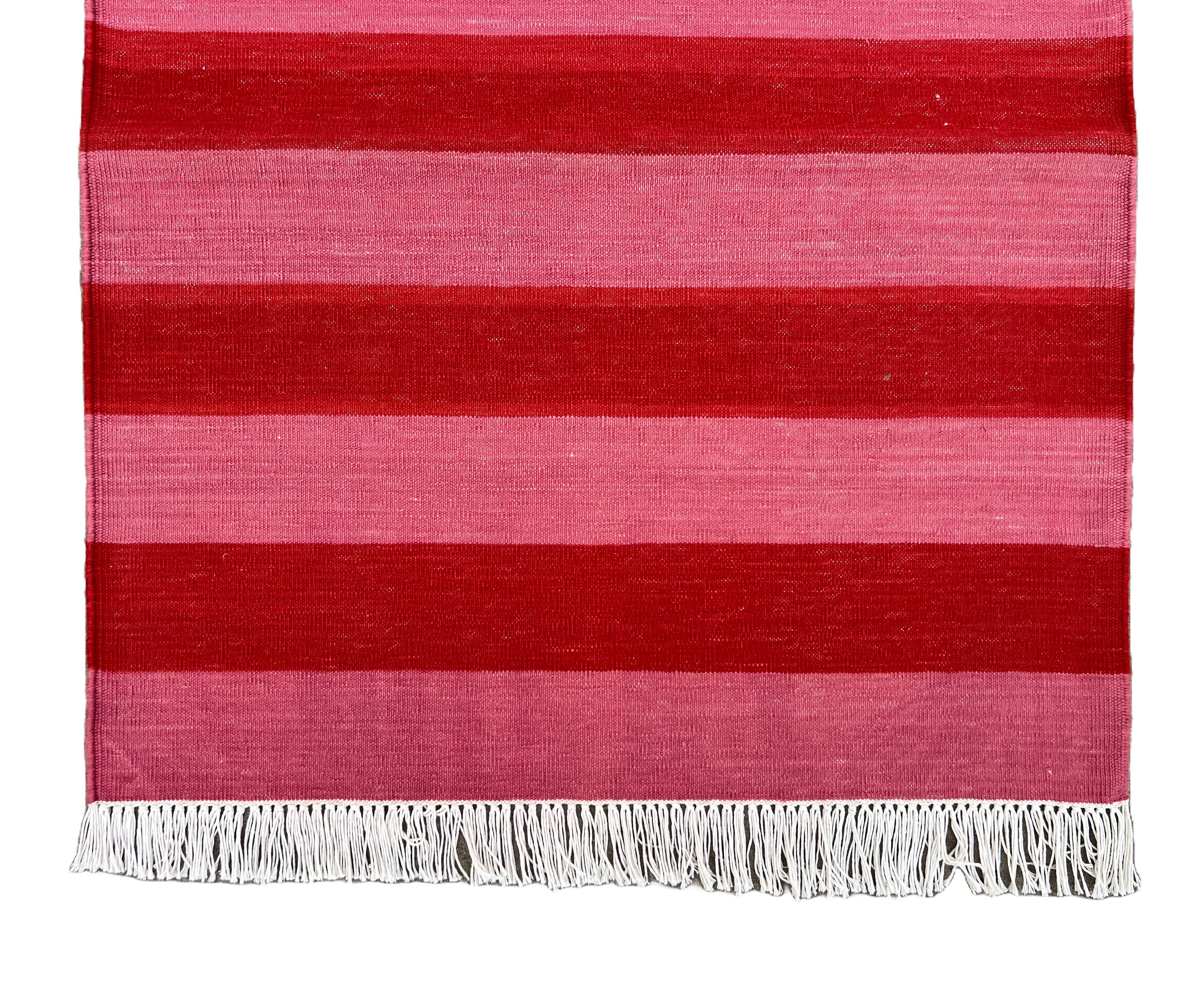 Hand-Woven Handmade Cotton Flat Weave Runner, 2x5.5 Feet Pink And Red Indian Striped Runner For Sale