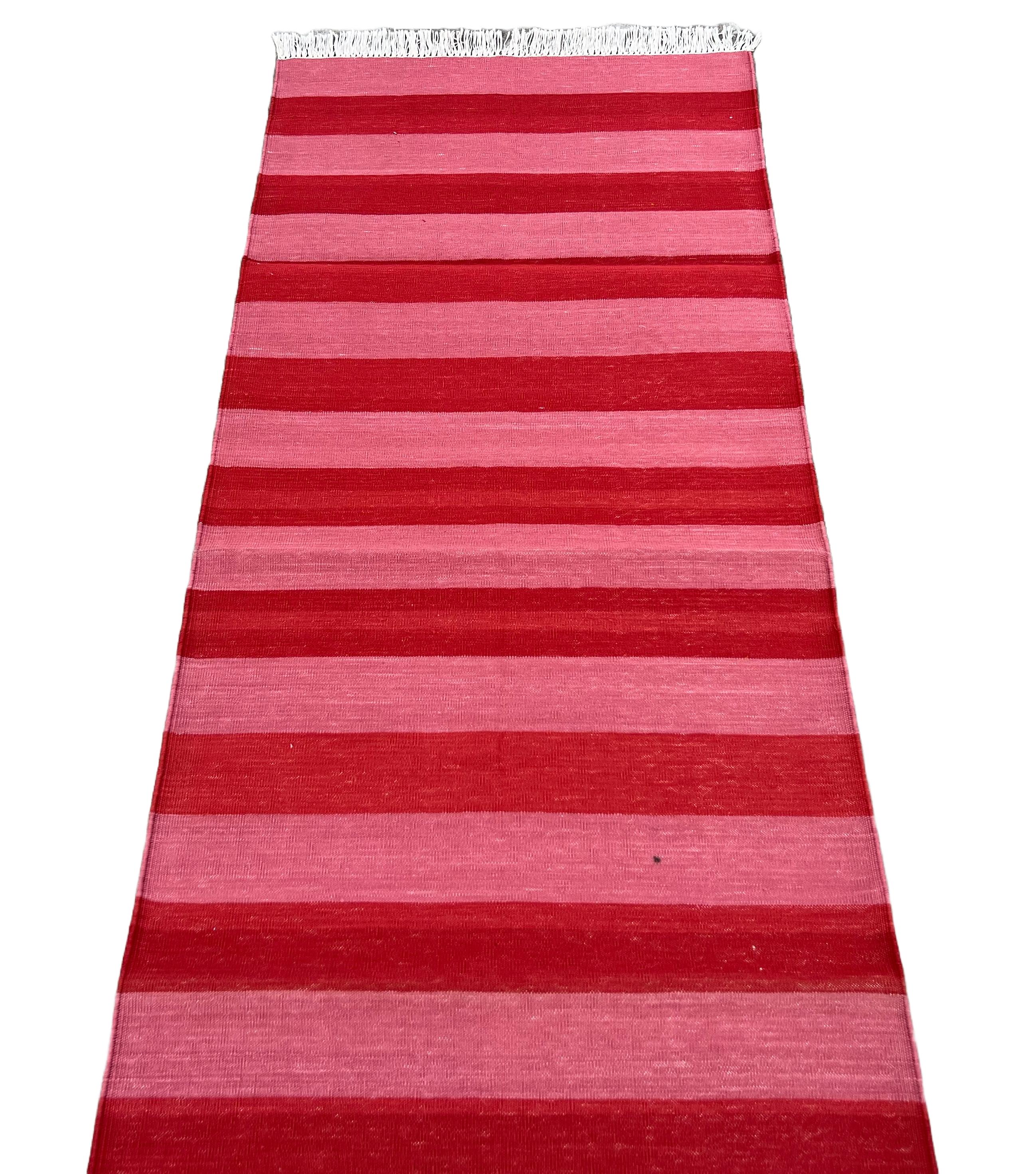 Handmade Cotton Flat Weave Runner, 2x5.5 Feet Pink And Red Indian Striped Runner In New Condition For Sale In Jaipur, IN