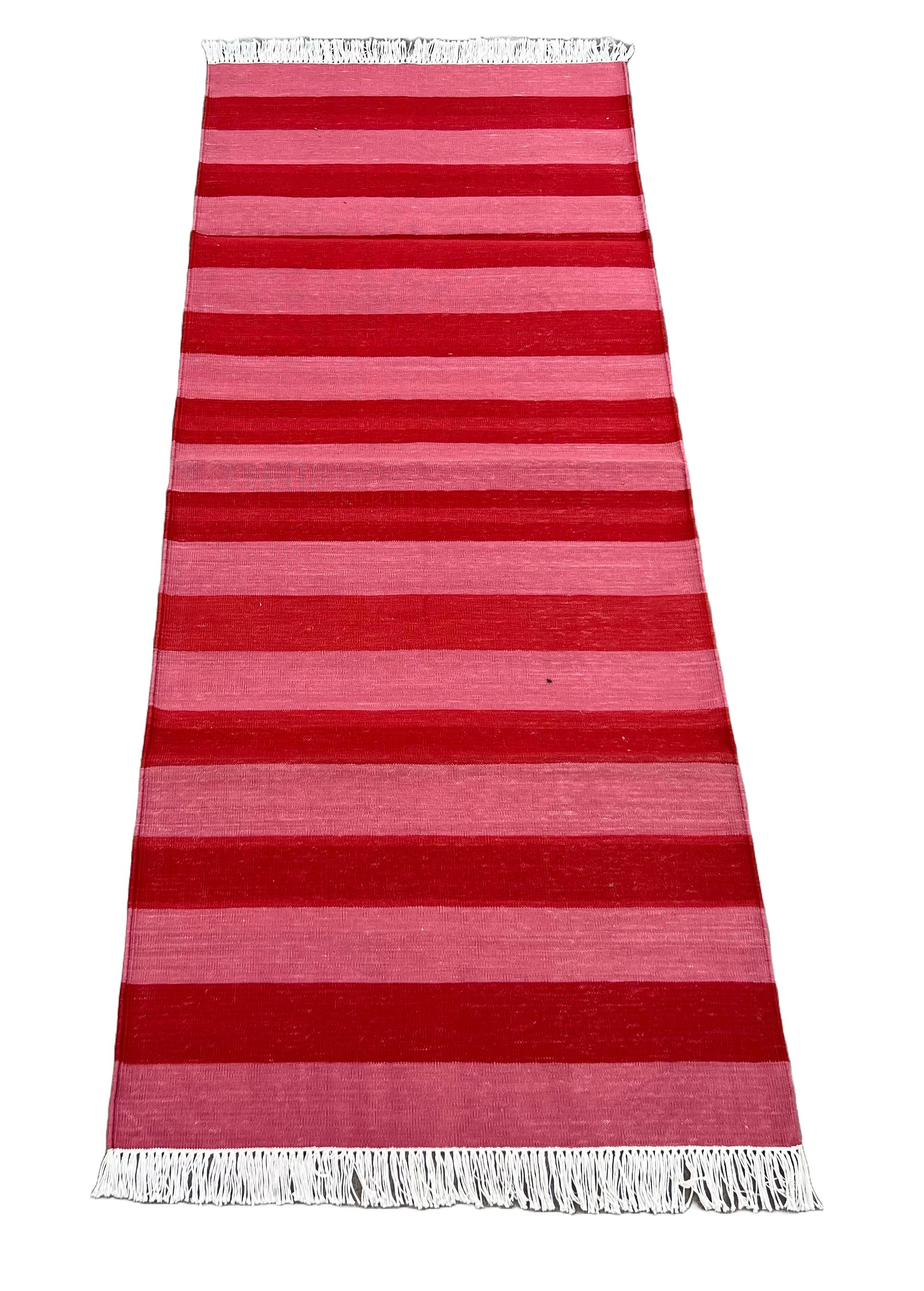 Contemporary Handmade Cotton Flat Weave Runner, 2x5.5 Feet Pink And Red Indian Striped Runner For Sale