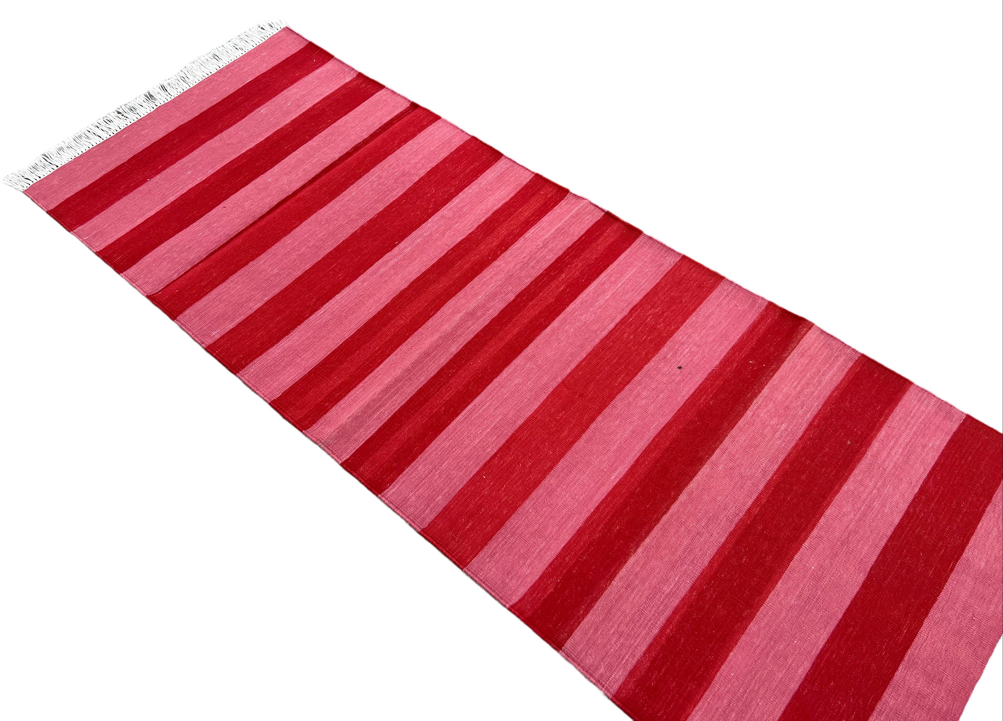 Handmade Cotton Flat Weave Runner, 2x5.5 Feet Pink And Red Indian Striped Runner For Sale 1