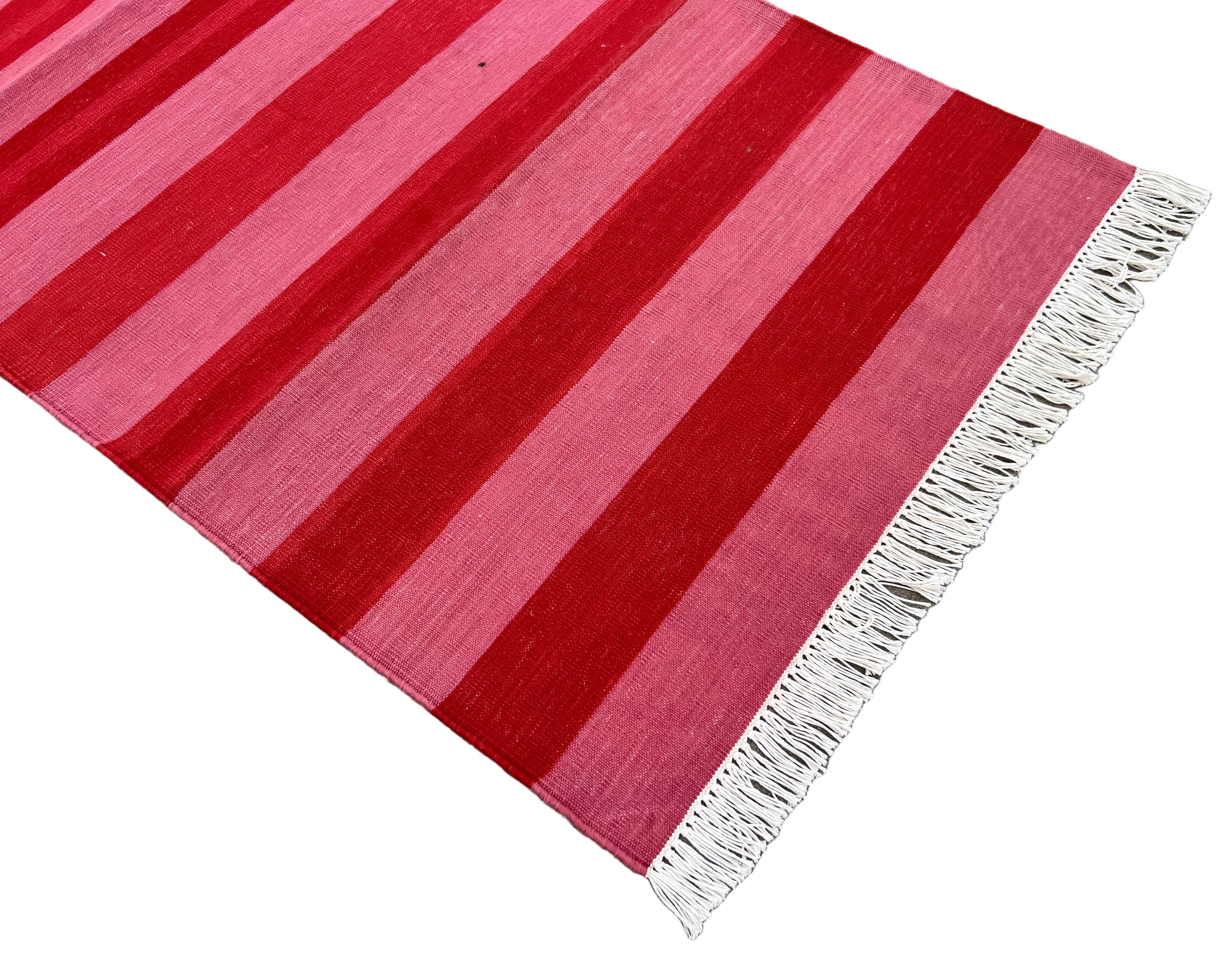 Handmade Cotton Flat Weave Runner, 2x5.5 Feet Pink And Red Indian Striped Runner For Sale 2