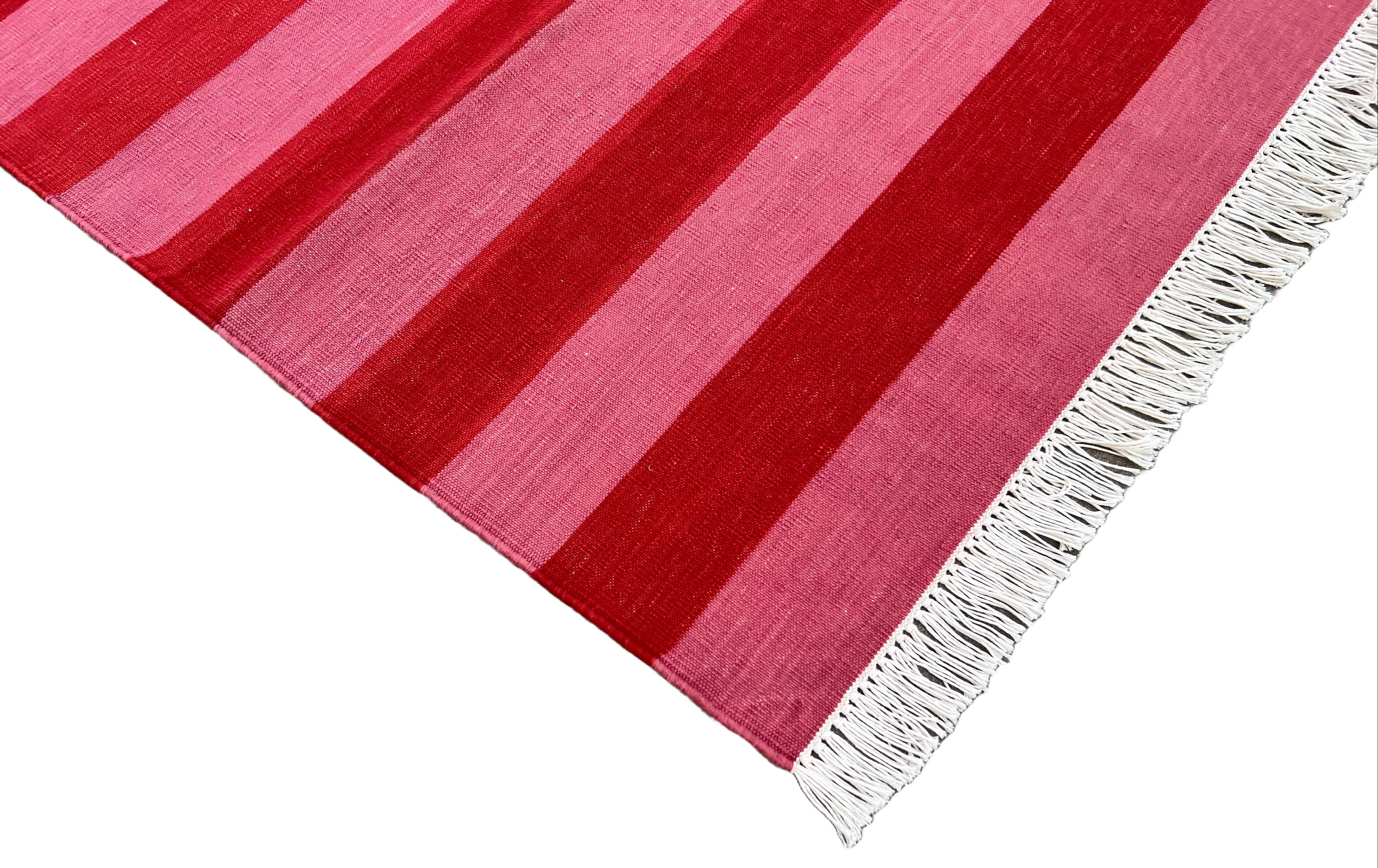 Handmade Cotton Flat Weave Runner, 2x5.5 Feet Pink And Red Indian Striped Runner For Sale 3