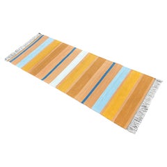 Handmade Cotton Flat Weave Runner, 2x5.5 Feet Tan And Blue Indian Striped Runner