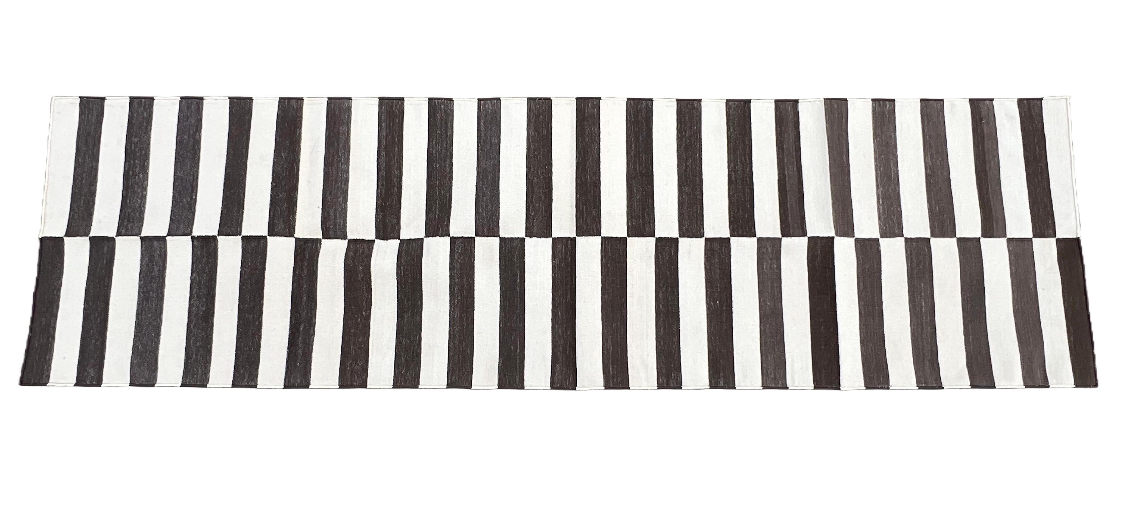 Mid-Century Modern Handmade Cotton Flat Weave Runner, 2x7 Brown And Cream Indian Striped Runner Rug For Sale