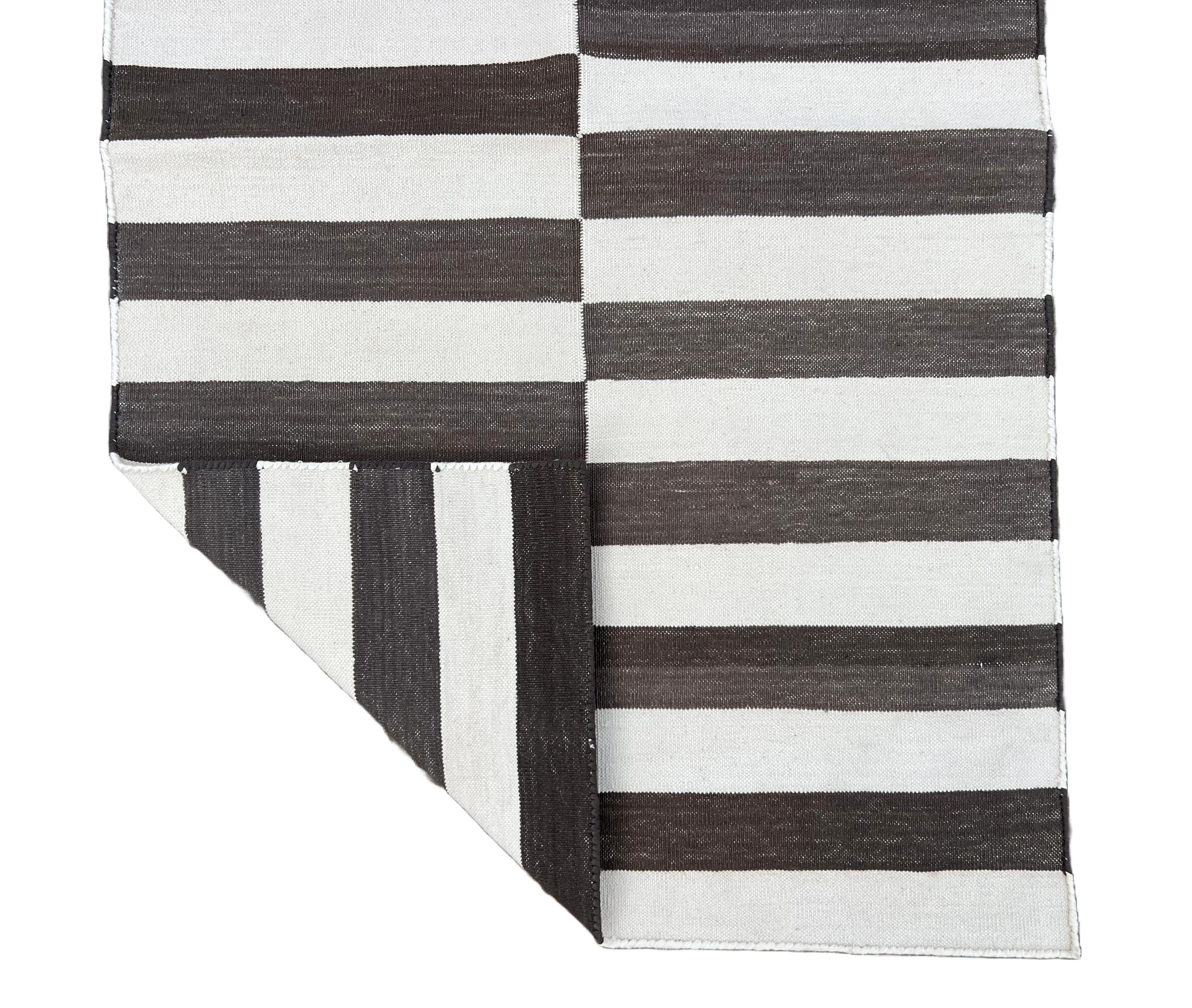 Hand-Woven Handmade Cotton Flat Weave Runner, 2x7 Brown And Cream Indian Striped Runner Rug For Sale