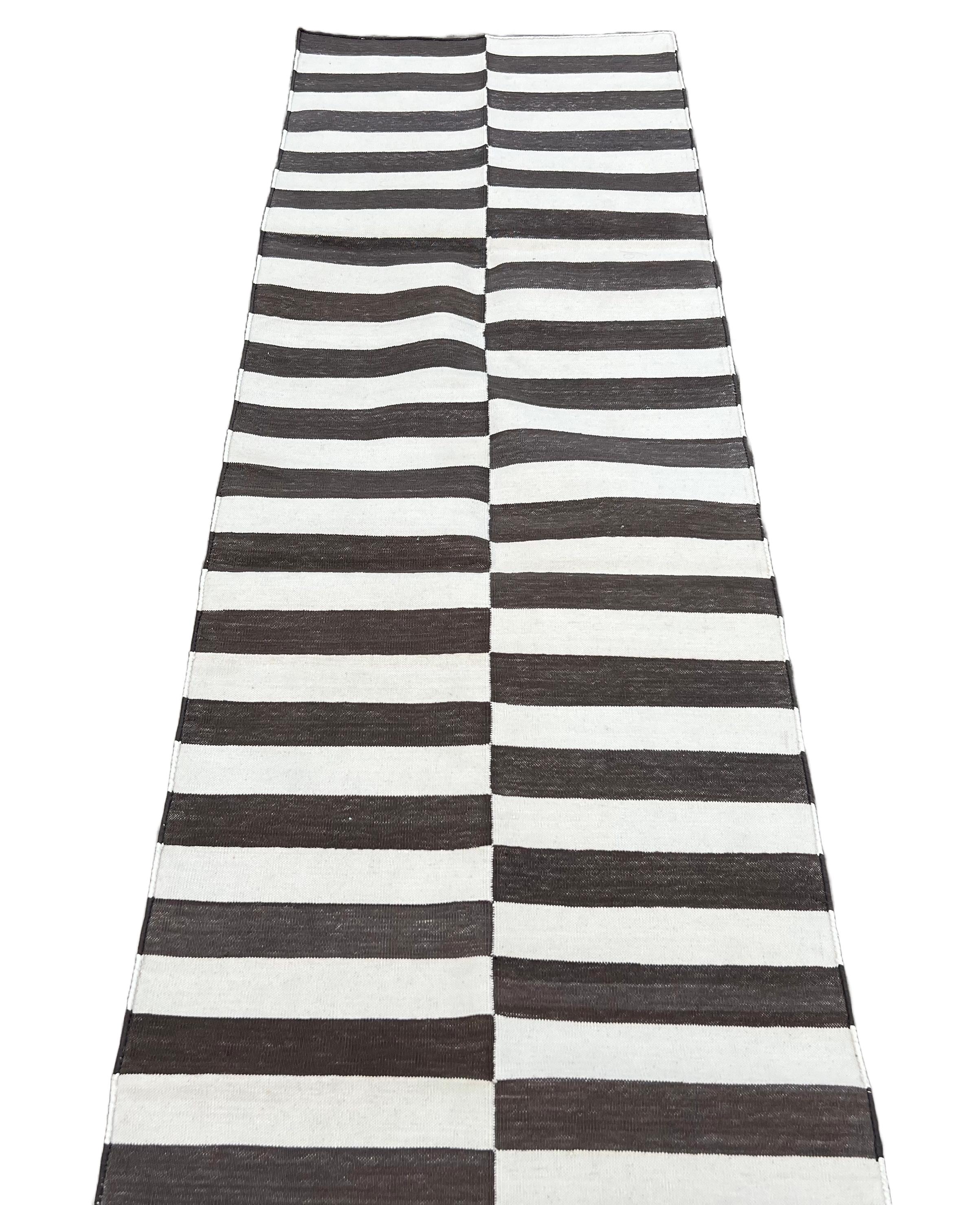 Contemporary Handmade Cotton Flat Weave Runner, 2x7 Brown And Cream Indian Striped Runner Rug For Sale