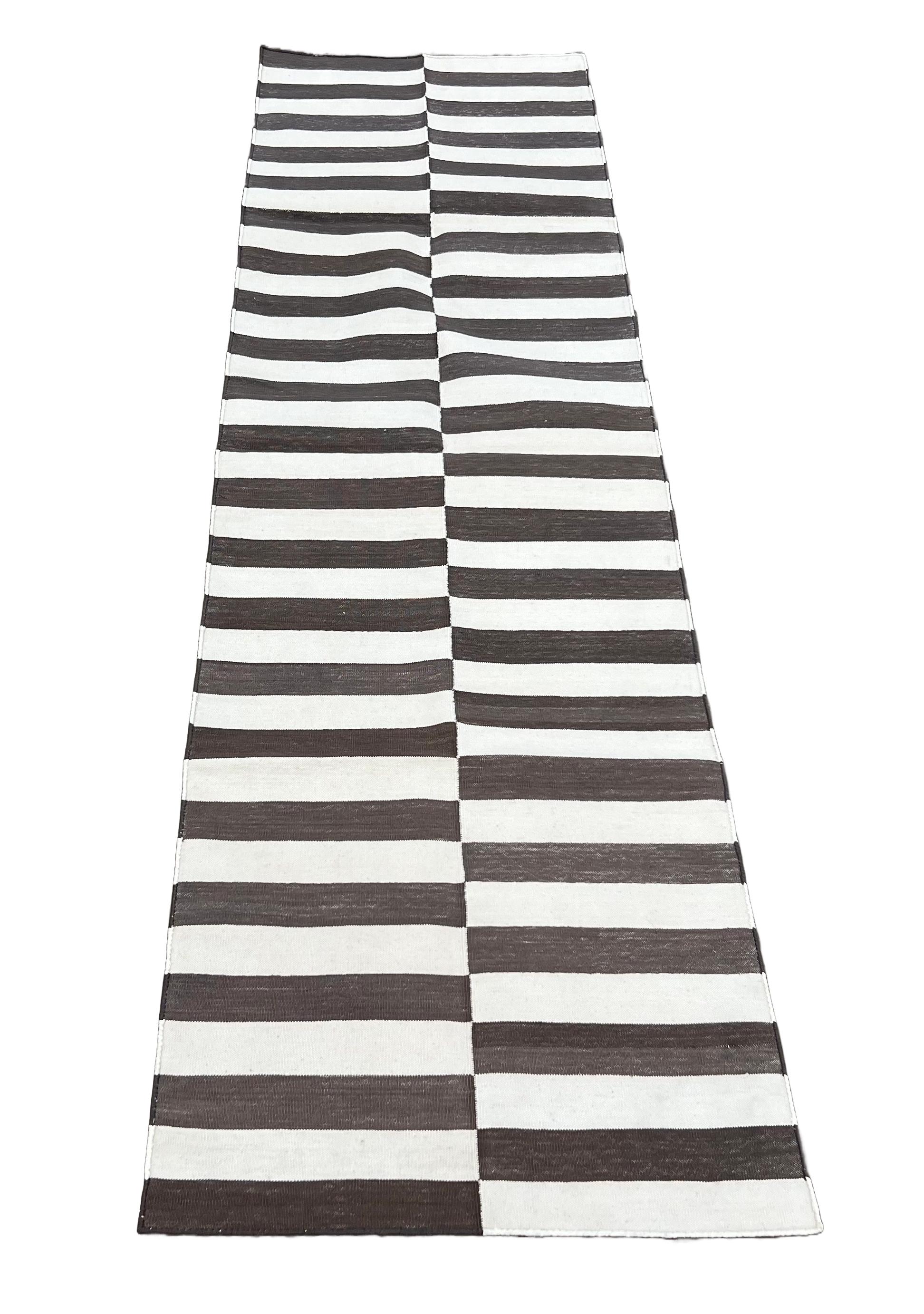 Handmade Cotton Flat Weave Runner, 2x7 Brown And Cream Indian Striped Runner Rug For Sale 1