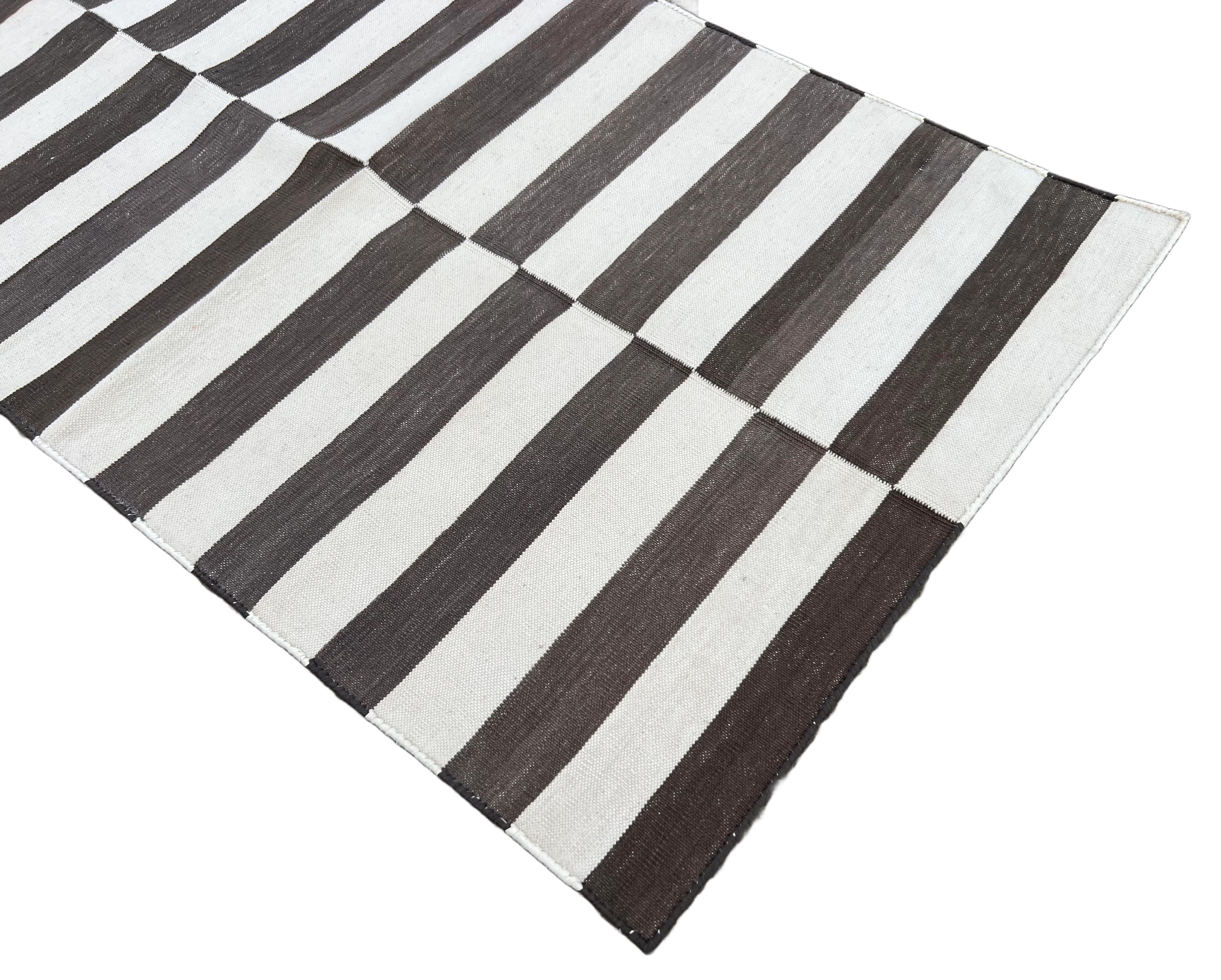 Handmade Cotton Flat Weave Runner, 2x7 Brown And Cream Indian Striped Runner Rug For Sale 3