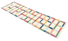 Handmade Cotton Flat Weave Runner, 2x8 Cream Windowpane Checked Indian Dhurrie