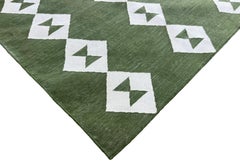 Handmade Cotton Flat Weave Runner, 3x10 Green And White Geometric Indian Dhurrie
