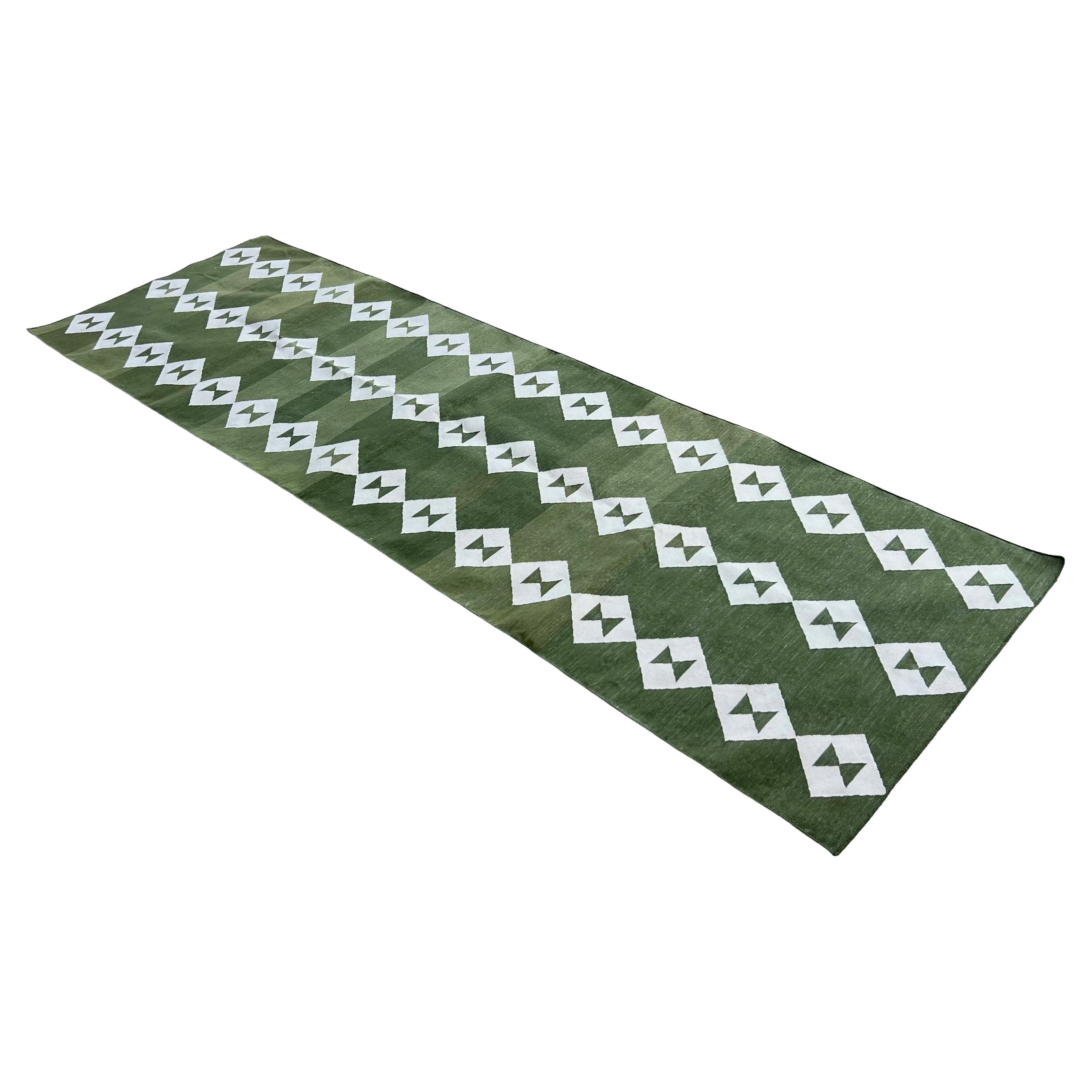 Handmade Cotton Flat Weave Runner, 3x10 Green And White Geometric Indian Dhurrie
