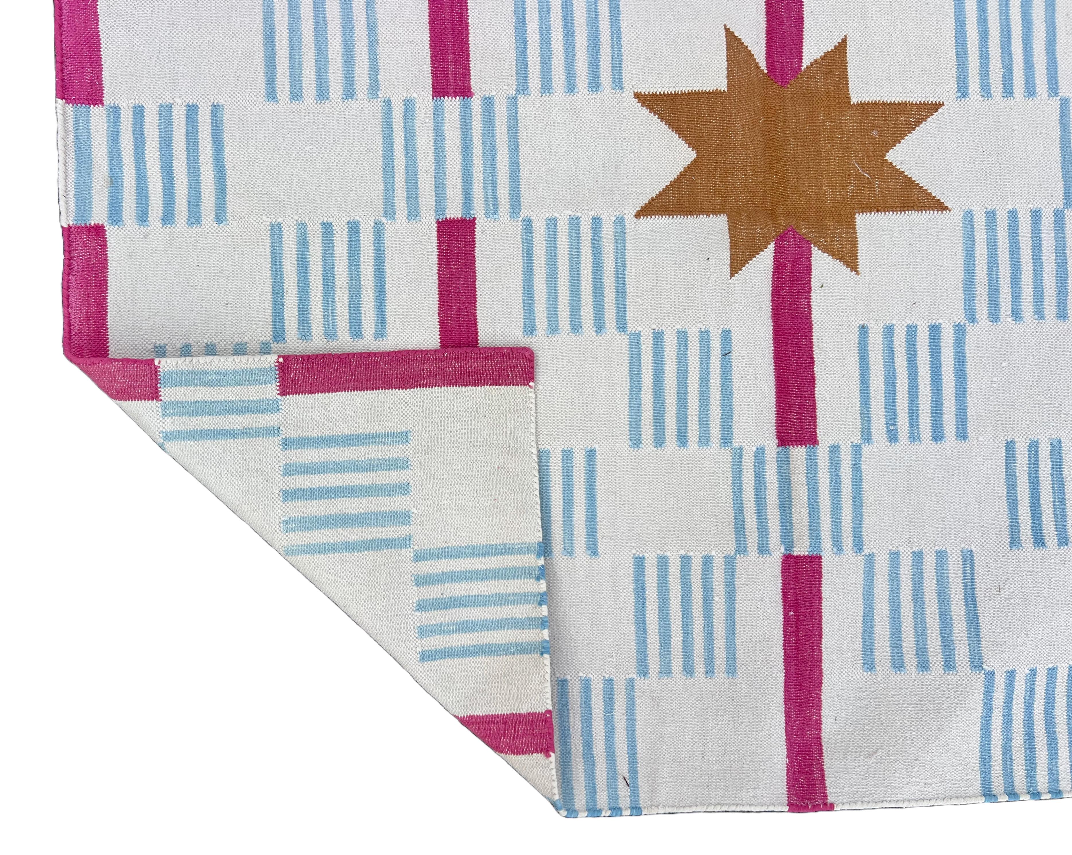 Handmade Cotton Flat Weave Runner, 4x14 White, Pink Star Dash Indian Dhurrie Rug For Sale 4