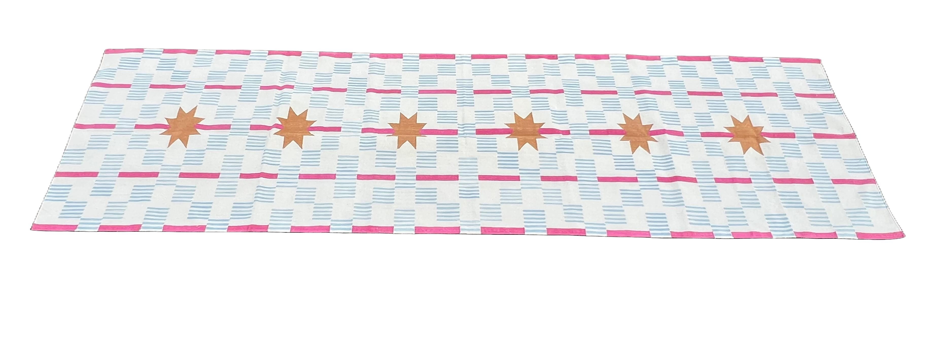 Handmade Cotton Flat Weave Runner, Natural Vegetable Dyed, Natural White, Sky Blue, Tan And Pink Striped And Star Dash Area Rug Runner - 4'x14' (120x420cm)

These special flat-weave dhurries are hand-woven with 15 ply 70% Wool/ 30% cotton yarn. Due