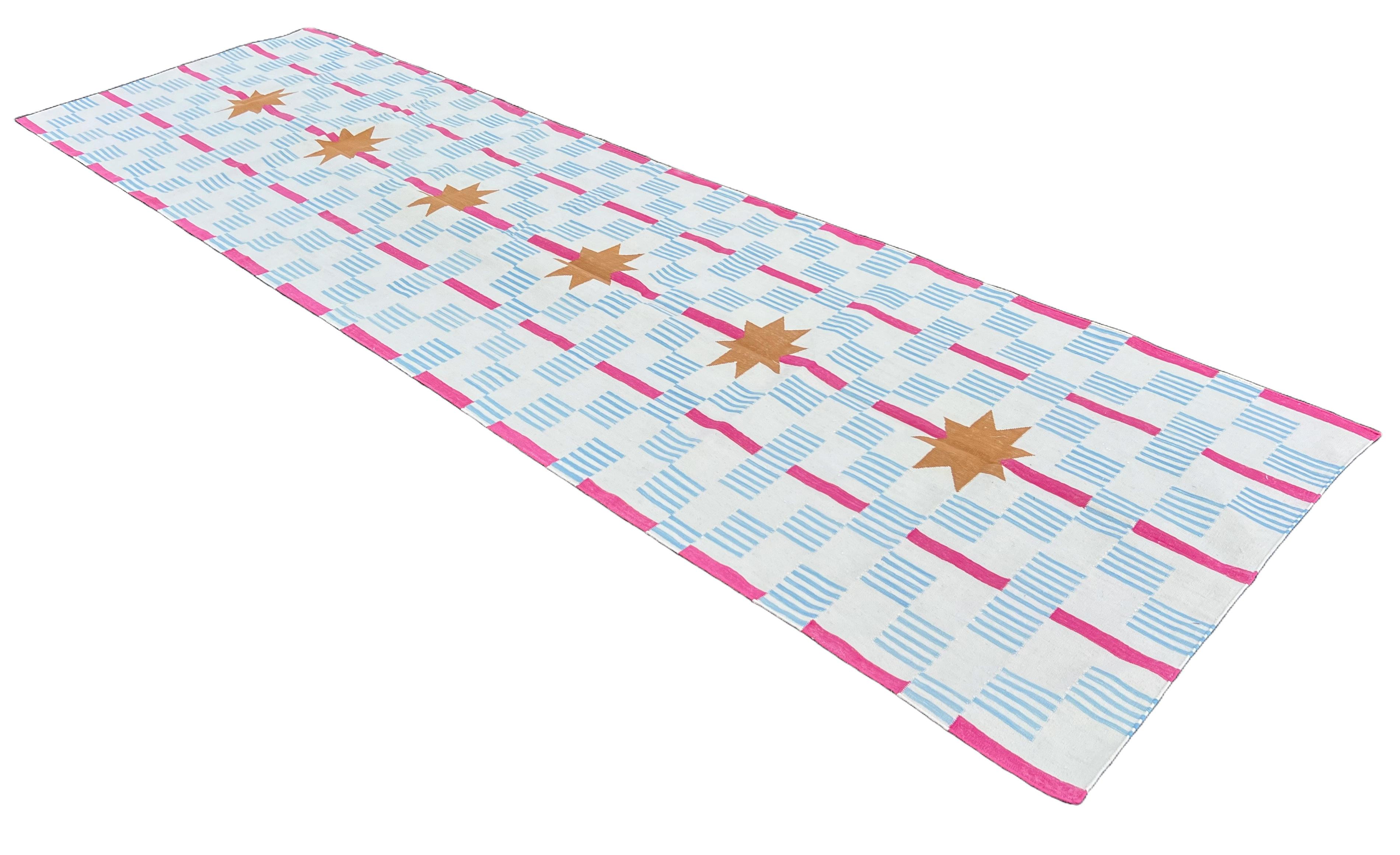 Mid-Century Modern Handmade Cotton Flat Weave Runner, 4x14 White, Pink Star Dash Indian Dhurrie Rug For Sale