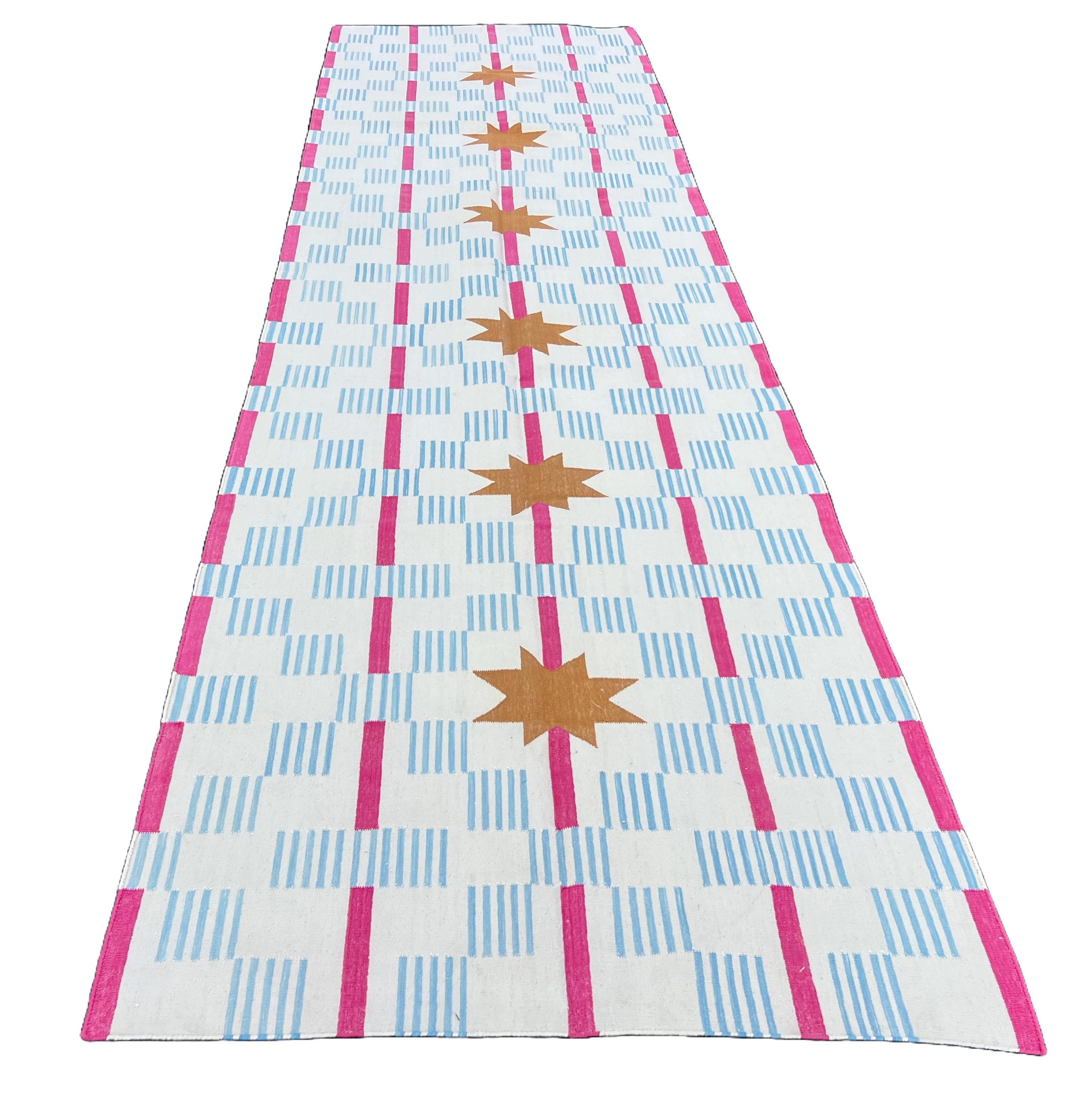 Handmade Cotton Flat Weave Runner, 4x14 White, Pink Star Dash Indian Dhurrie Rug For Sale 1