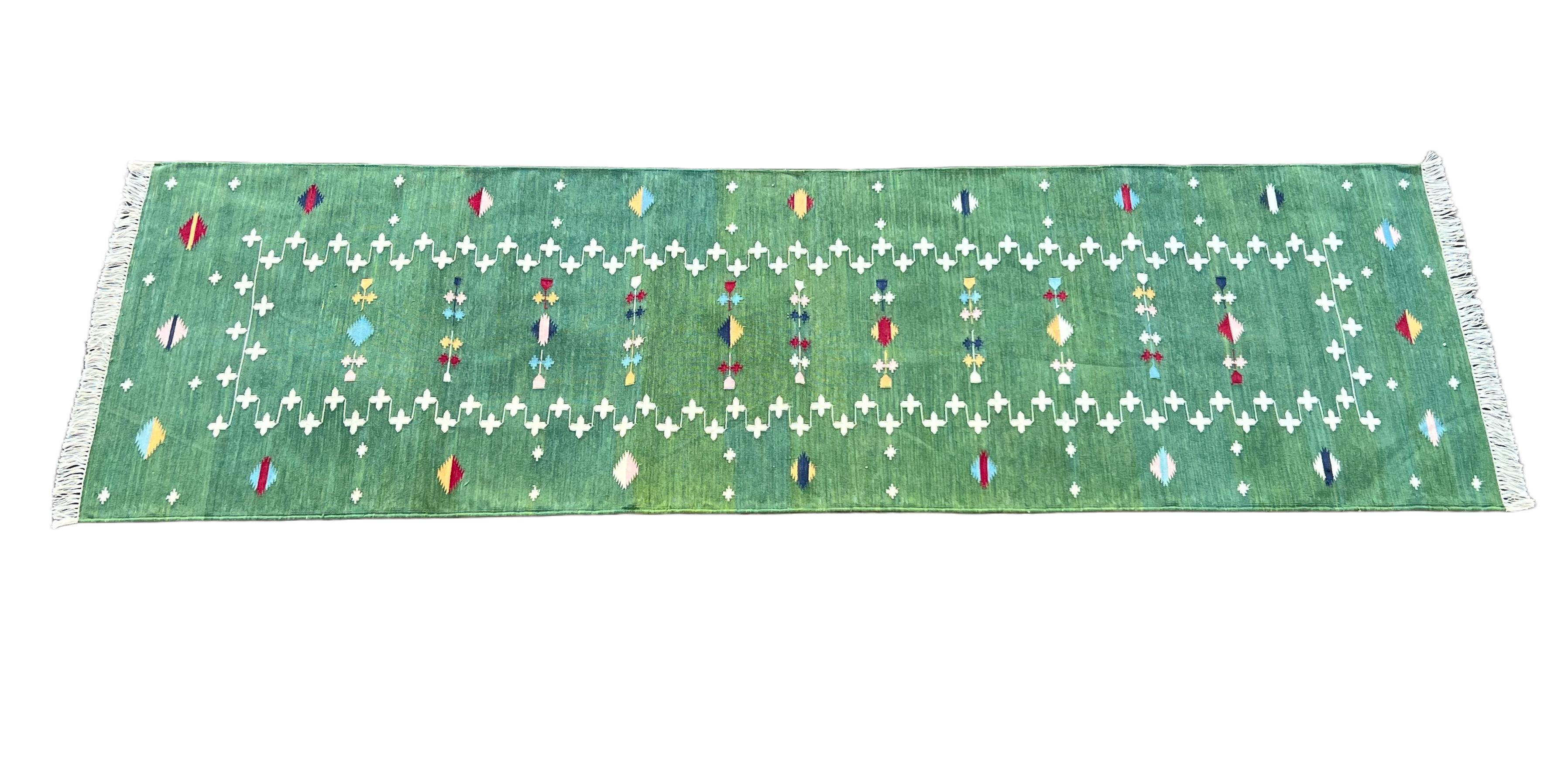 Handmade Cotton Flat Weave Runner, 3x16 Green Shooting Star Indian Dhurrie Rug For Sale 5