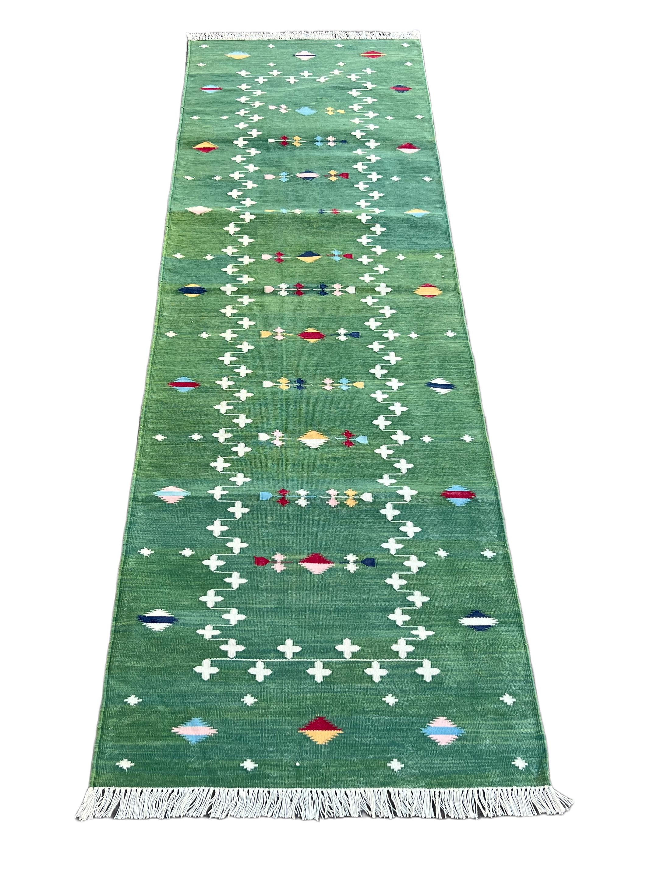 Hand-Woven Handmade Cotton Flat Weave Runner, 3x16 Green Shooting Star Indian Dhurrie Rug For Sale