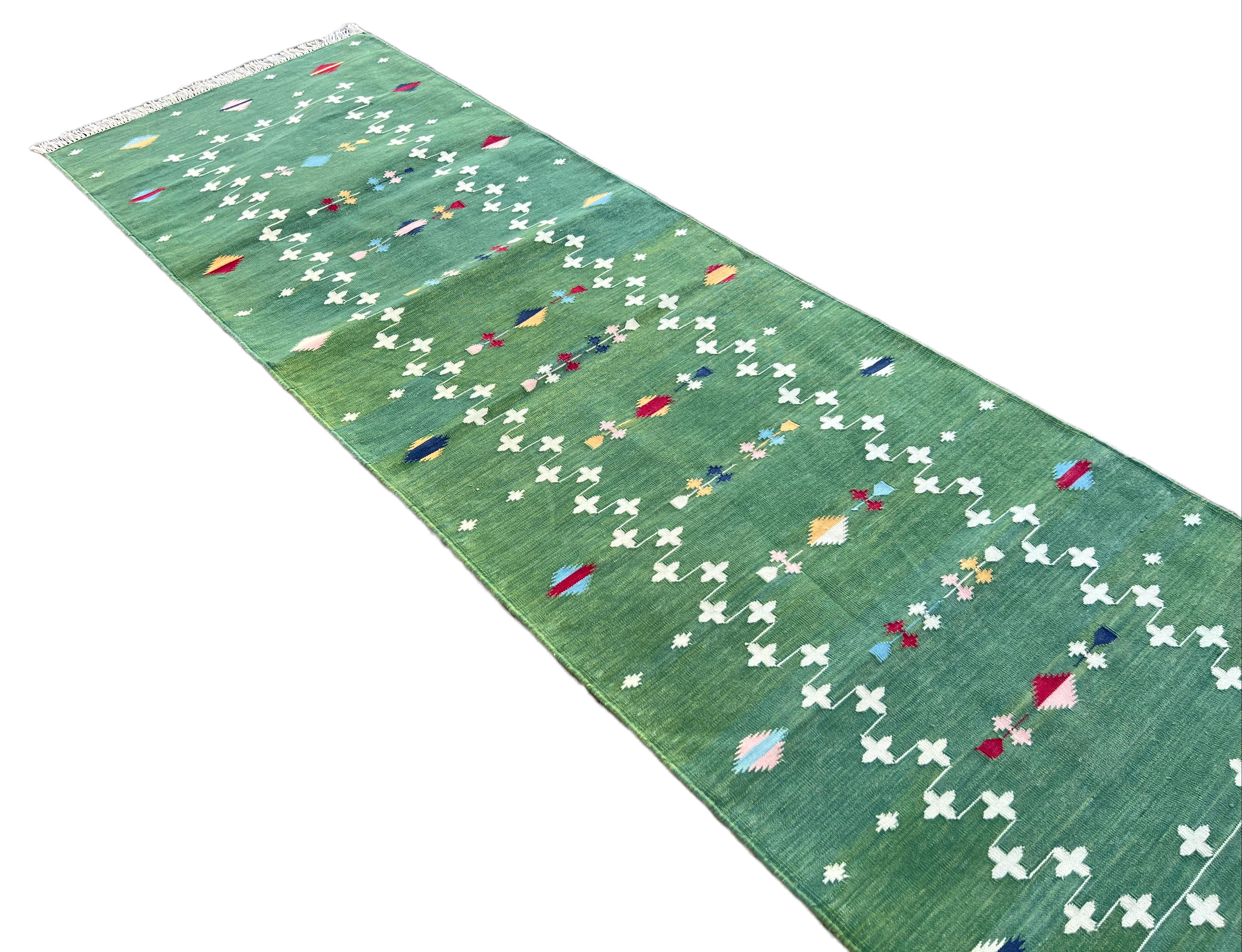 Contemporary Handmade Cotton Flat Weave Runner, 3x16 Green Shooting Star Indian Dhurrie Rug For Sale