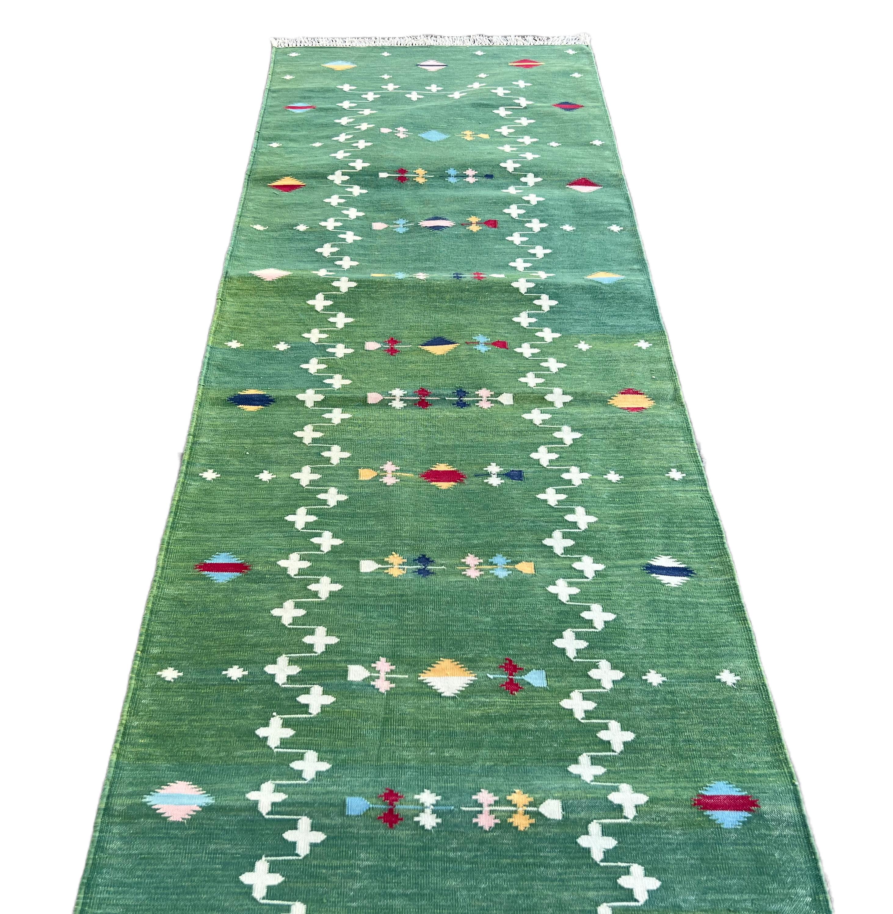 Handmade Cotton Flat Weave Runner, 3x16 Green Shooting Star Indian Dhurrie Rug For Sale 1