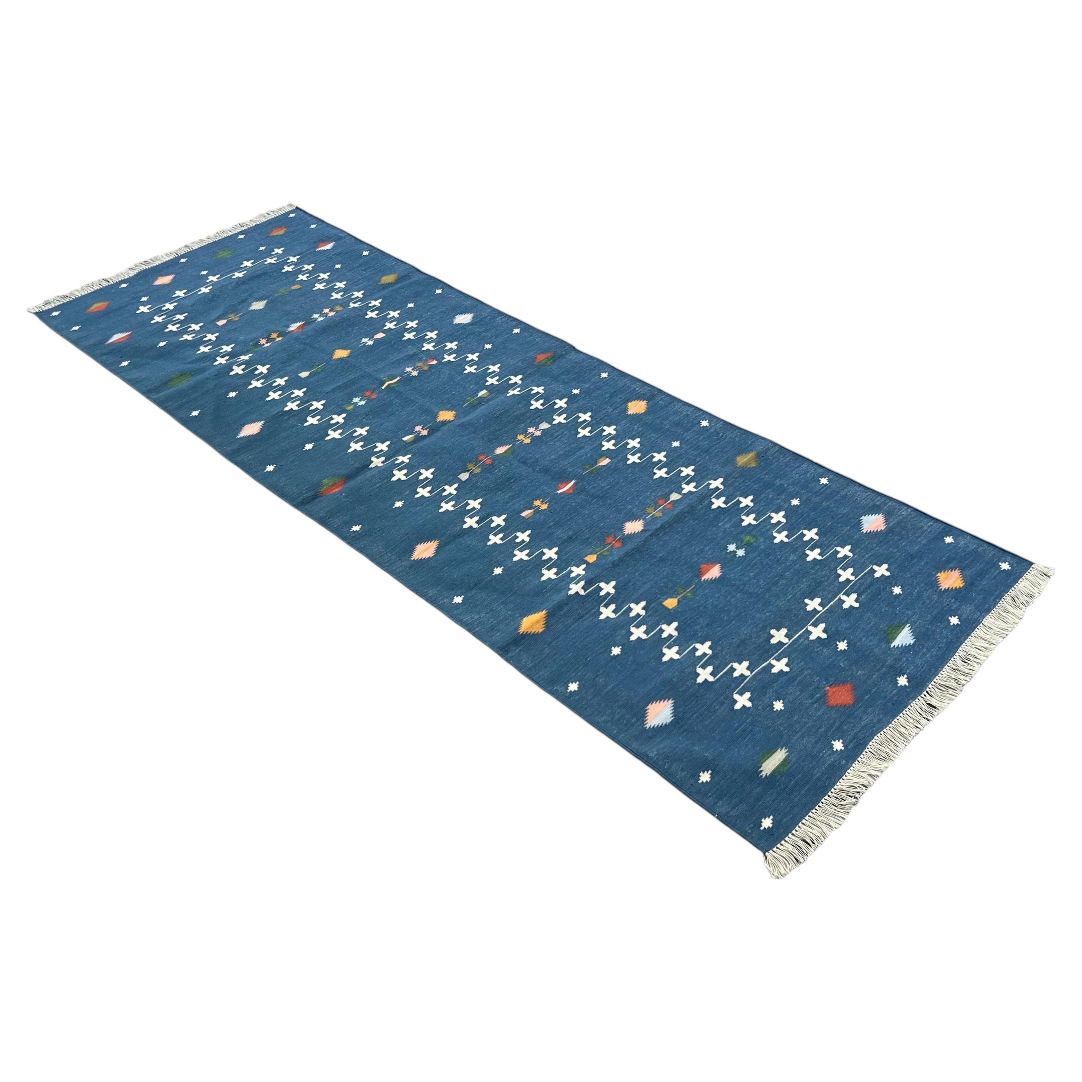 Handmade Cotton Flat Weave Runner, 3x8 Blue Shooting Star Indian Dhurrie Rug For Sale
