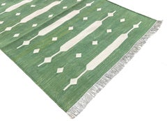 Handmade Cotton Flat Weave Runner, 3x8 Green And White Striped Indian Dhurrie
