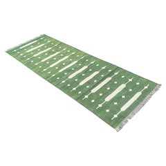 Handmade Cotton Flat Weave Runner, 3x8 Green And White Striped Indian Dhurrie