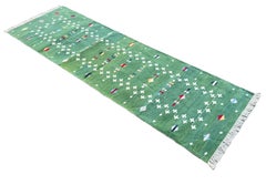 Handgefertigter Baumwollflachgewebe-Läufer, 3x8 Grüner Sternschnuppen-Indischer Dhurrie-Teppich
