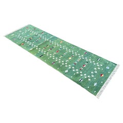 Handgefertigter Baumwollflachgewebe-Läufer, 3x8 Grüner Sternschnuppen-Indischer Dhurrie-Teppich