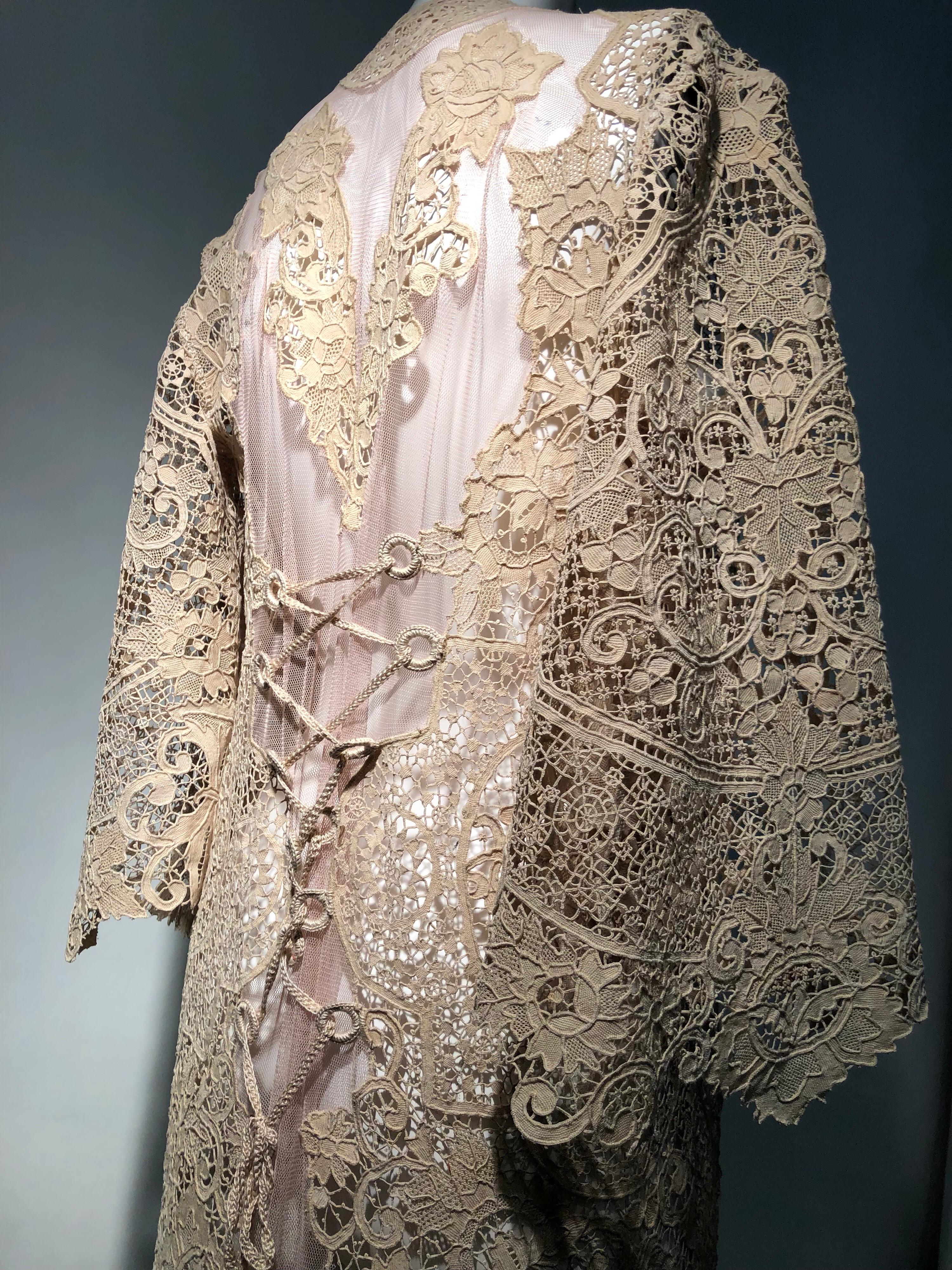 Brown Handmade Cotton Victorian Lace Appliqué on Net Duster Jacket W/ Corset Back