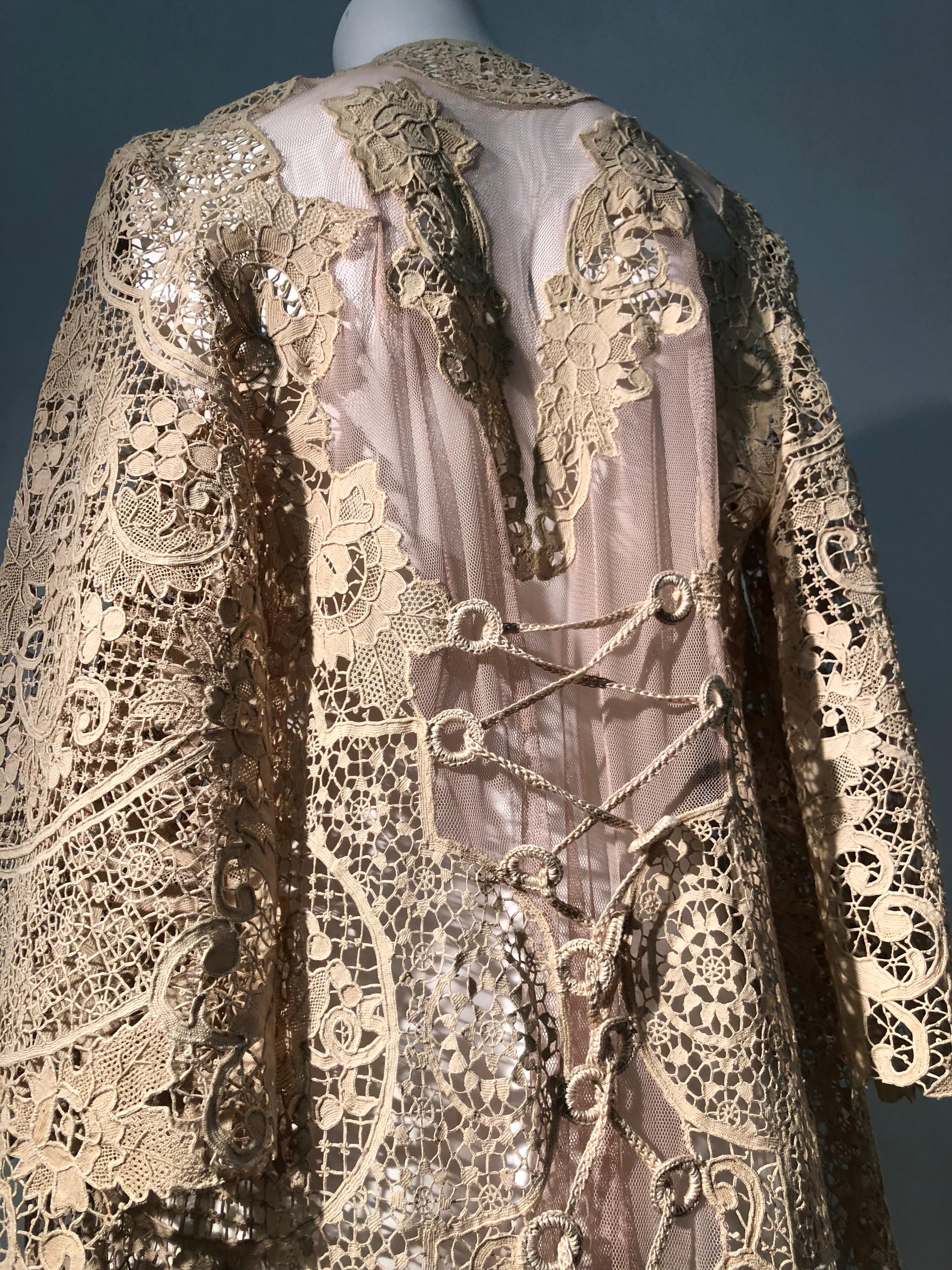 Handmade Cotton Victorian Lace Appliqué on Net Duster Jacket W/ Corset Back In Excellent Condition In Gresham, OR