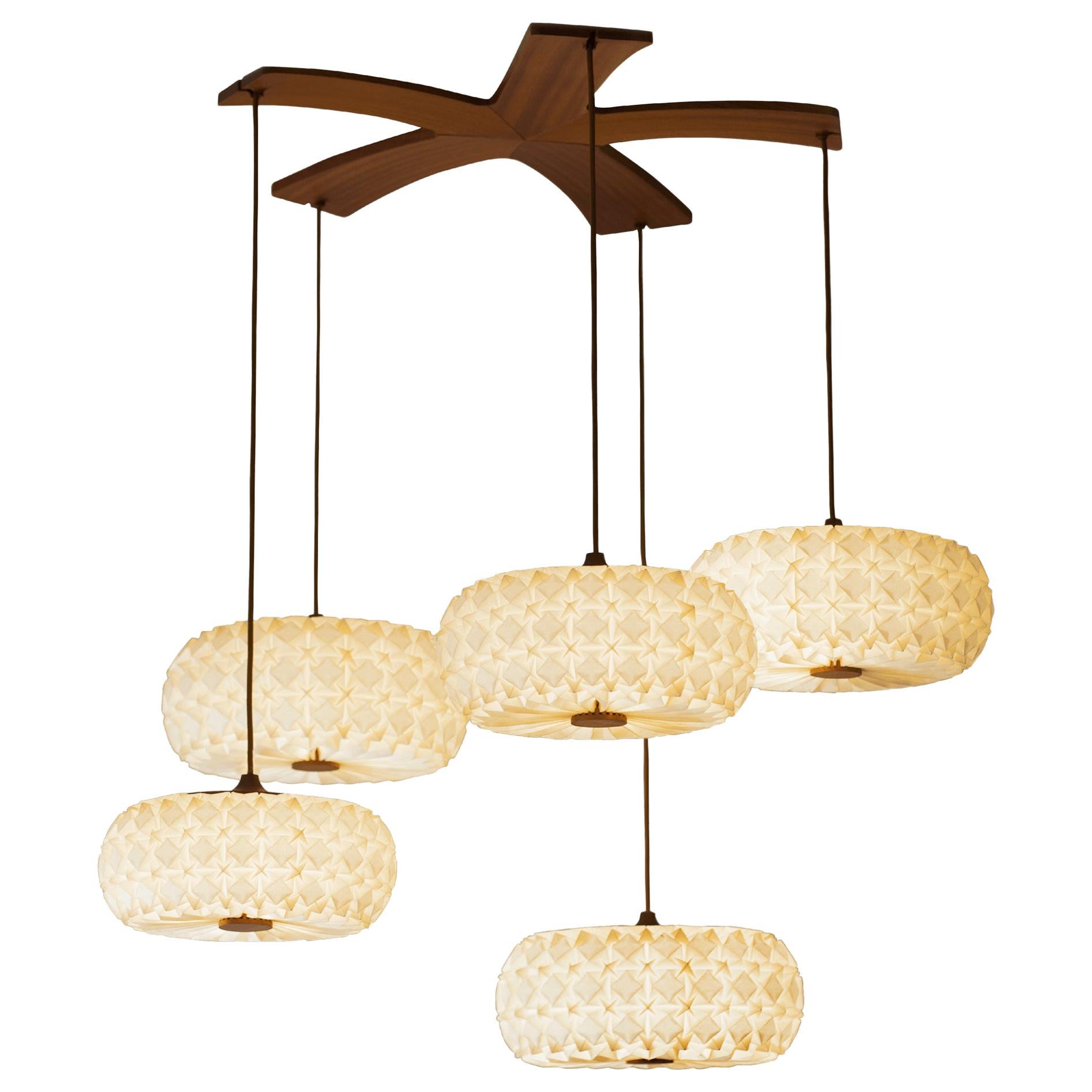 Origami Paper and Mahogany "5 Molecules" Chandelier by Aqua Creations For Sale