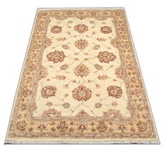 Handmade Cream Wool Rug, Traditional Floral Carpet for Bedroom Living Room