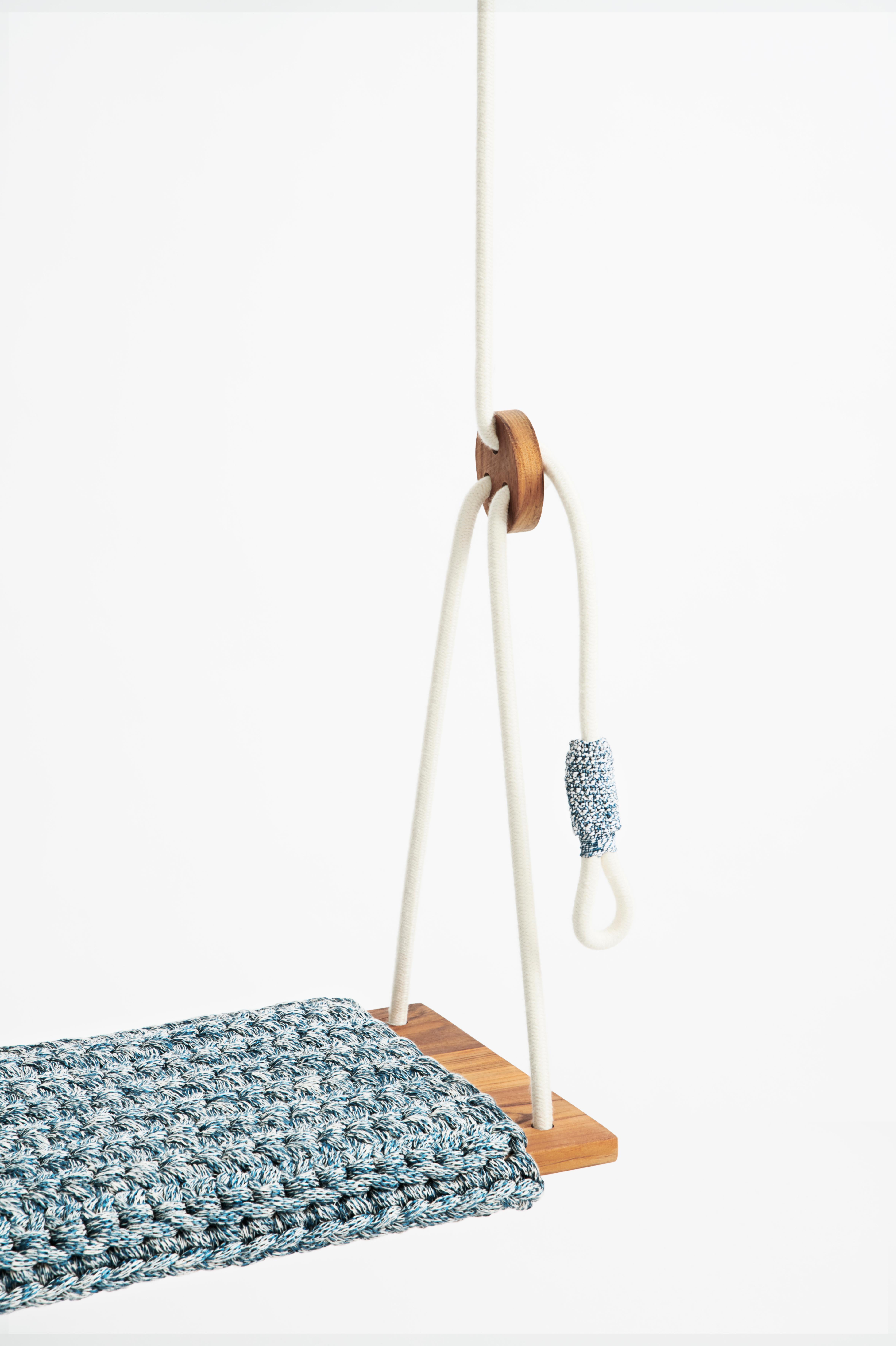 Israeli Luxurious Crochet Rug Swing Handmade in UV Protected Turquoise Yarn, Teak Seat