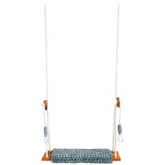 Handmade Crochet Cotton and Polyester Thick Rug Swing Burmese Teak Wood Seat