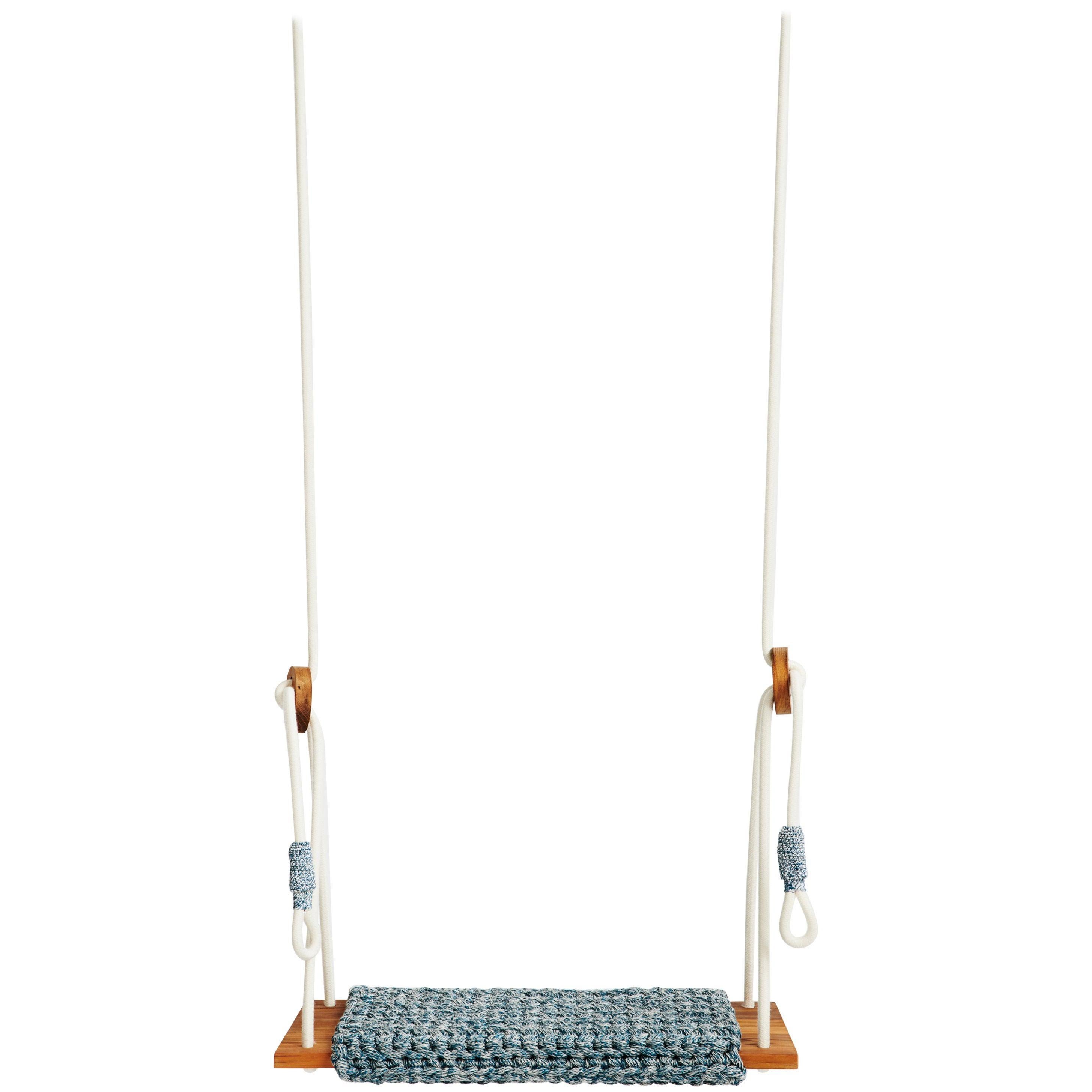 Luxurious Crochet Rug Swing Handmade in UV Protected Turquoise Yarn, Teak Seat