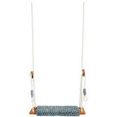 Luxurious Crochet Rug Swing Handmade in UV Protected Turquoise Yarn, Teak Seat