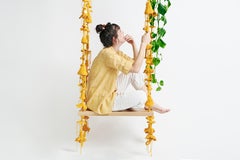 Gold textile Swing Handmade Crochet in Cotton & Polyester with Oak Wood Seat
