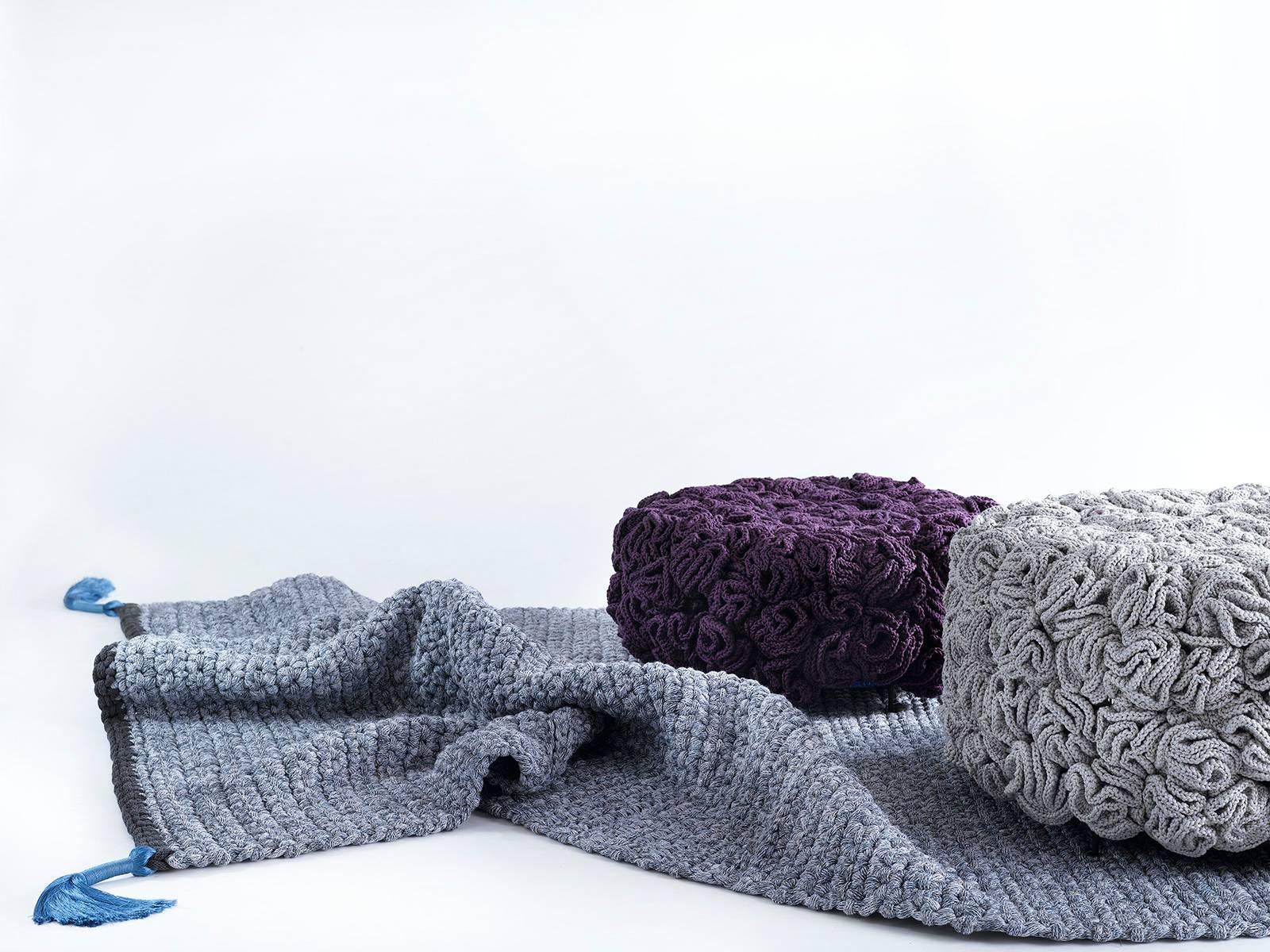 Handmade Crochet Elements Cotton and Polyester Grey Iota Pouf 1