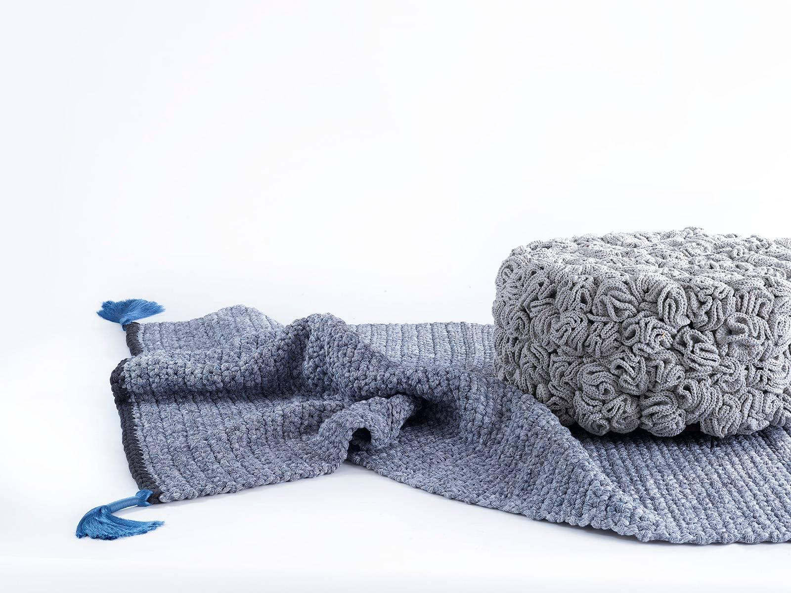 Handmade Crochet Elements Cotton and Polyester Grey Iota Pouf 2