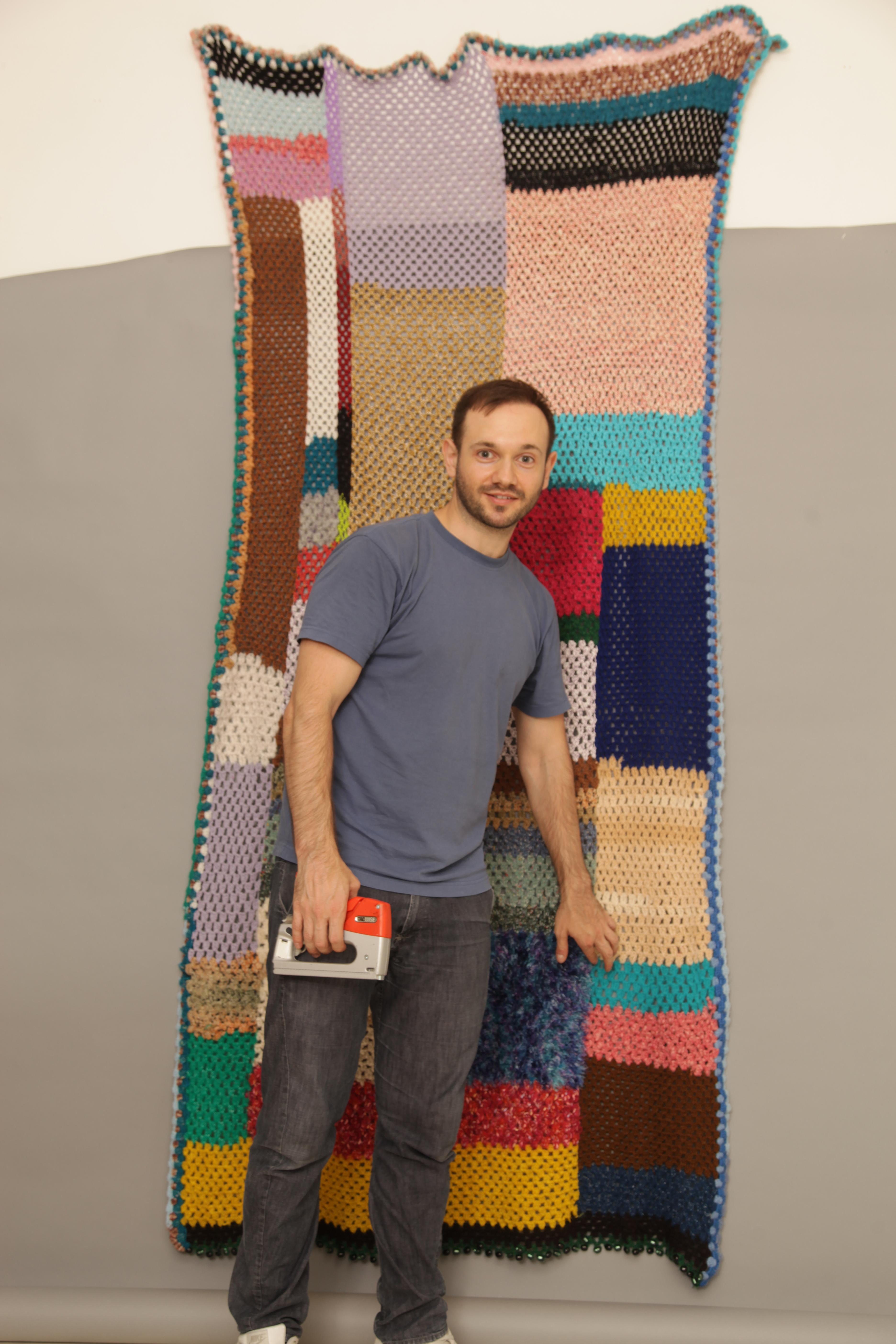 Plaid en patchwork fait main #3 Couverture en laine tricotée Canapé Lit Fauteuil en vente 2