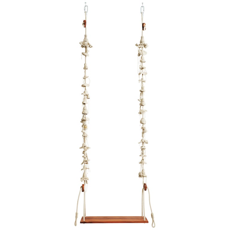 Outdoor Sand Color Swing Handmade Crochet in UV Protected Yarn with Teak Seat For Sale